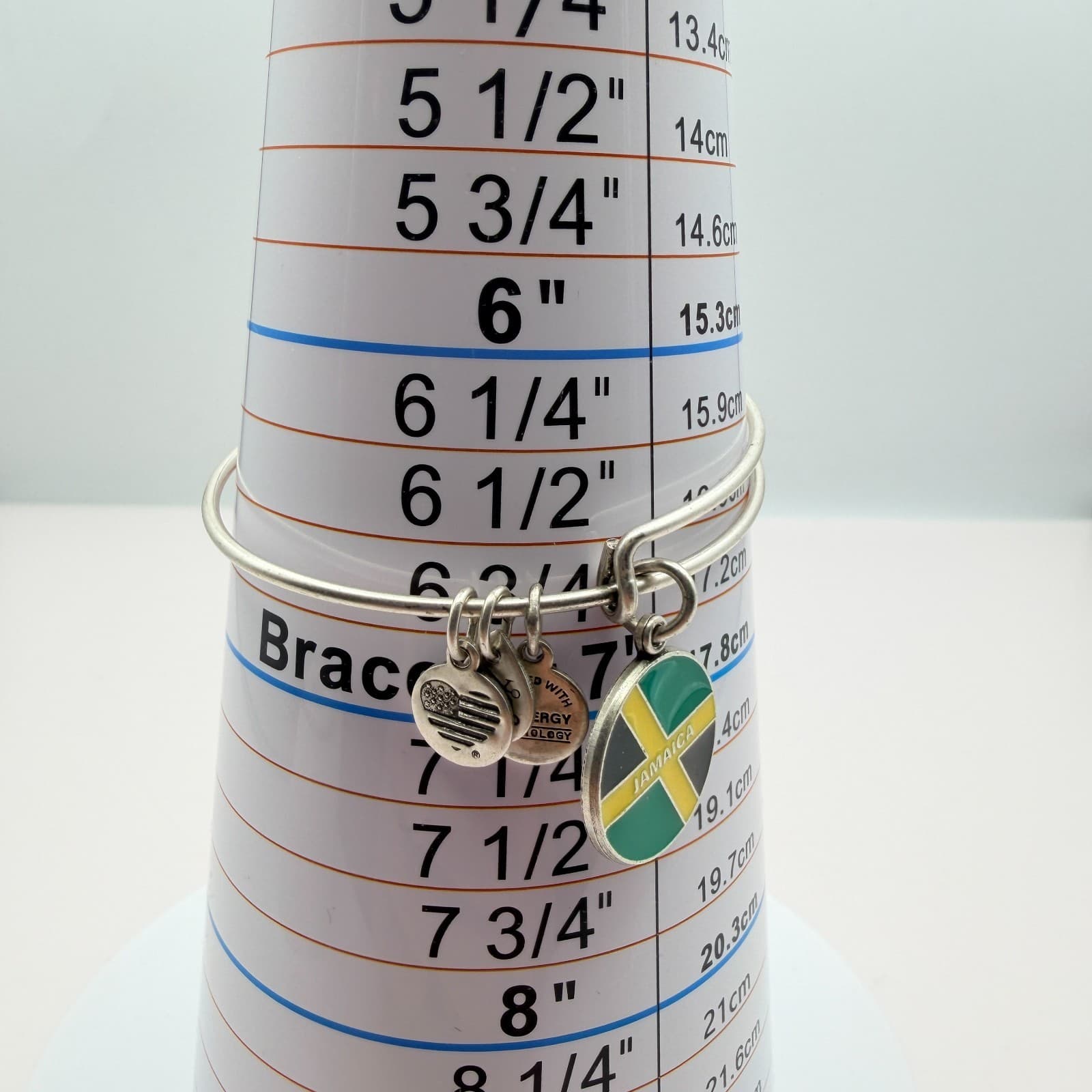 Vintage 90s Alex and Ani Jamaica Flag Charm Silver Tone Bangle Bracelet Retro - Thumbnail 7