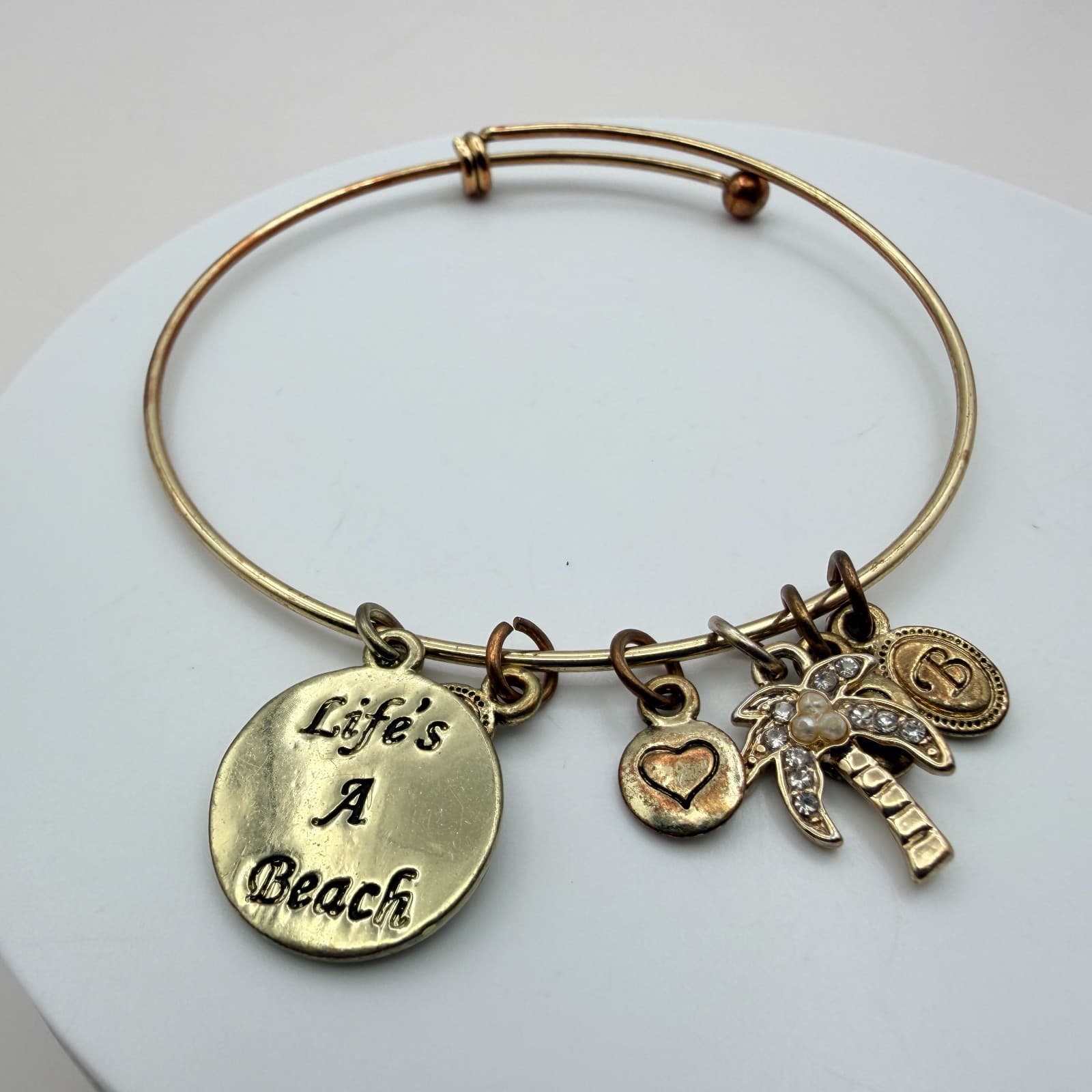 Vintage 90s Gold Tone Bangle Bracelet Palm Tree Heart Life’s A Beach Charm Glass - Thumbnail 4