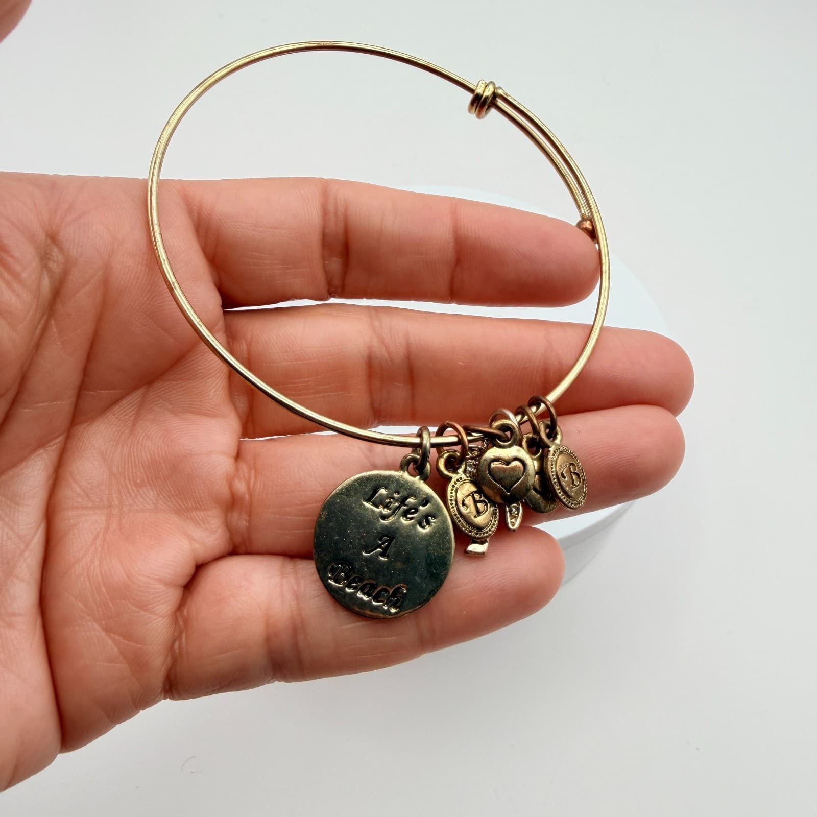 Vintage 90s Gold Tone Bangle Bracelet Palm Tree Heart Life’s A Beach Charm Glass - Thumbnail 7