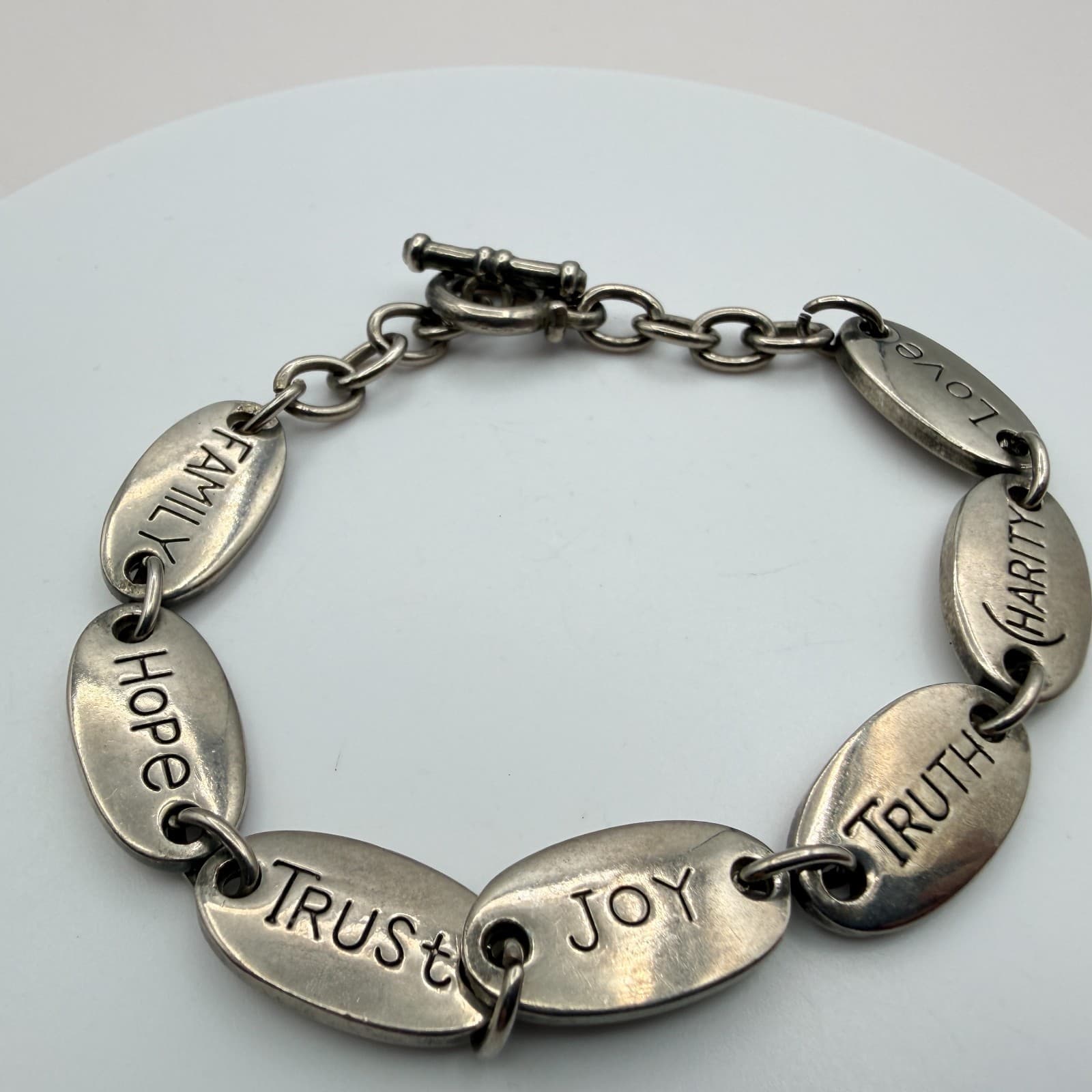 Vintage 90s Silver Tone Inspirational Message Oval Link Bracelet Fashion Jewelry - Thumbnail 5
