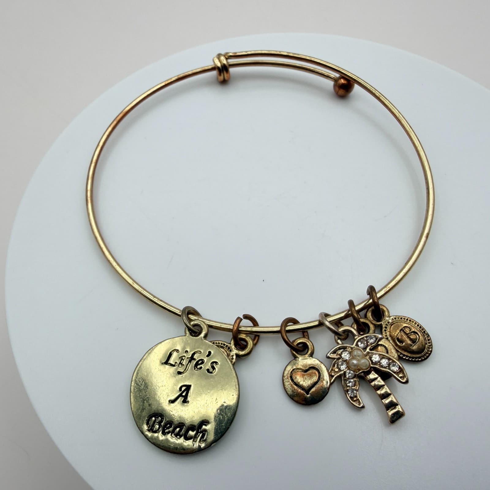 Vintage 90s Gold Tone Bangle Bracelet Palm Tree Heart Life’s A Beach Charm Glass - Thumbnail 5