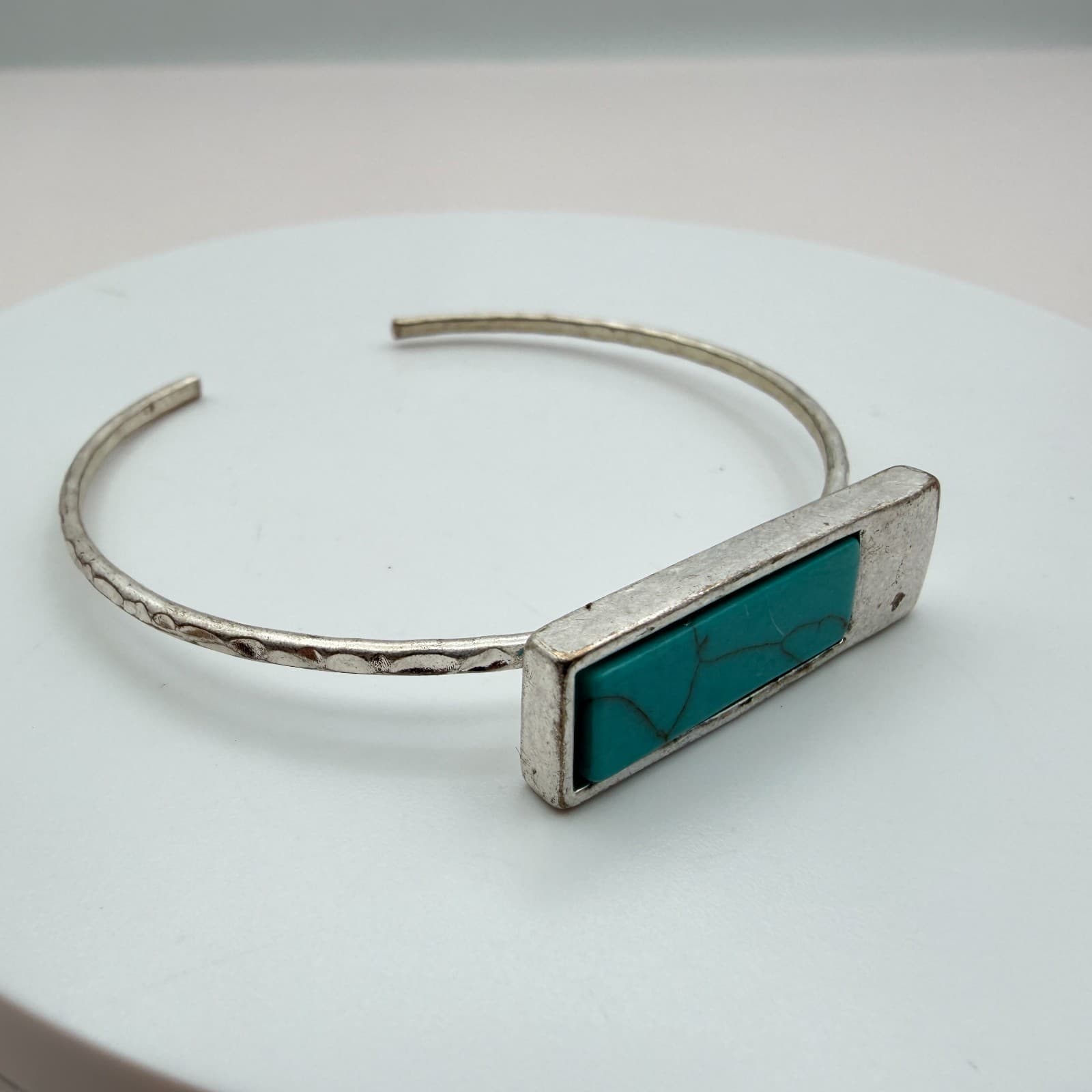 Vintage 90s Silver Tone Rectangular Faux Turquoise Cuff Bracelet Fashion Jewelry - Thumbnail 5