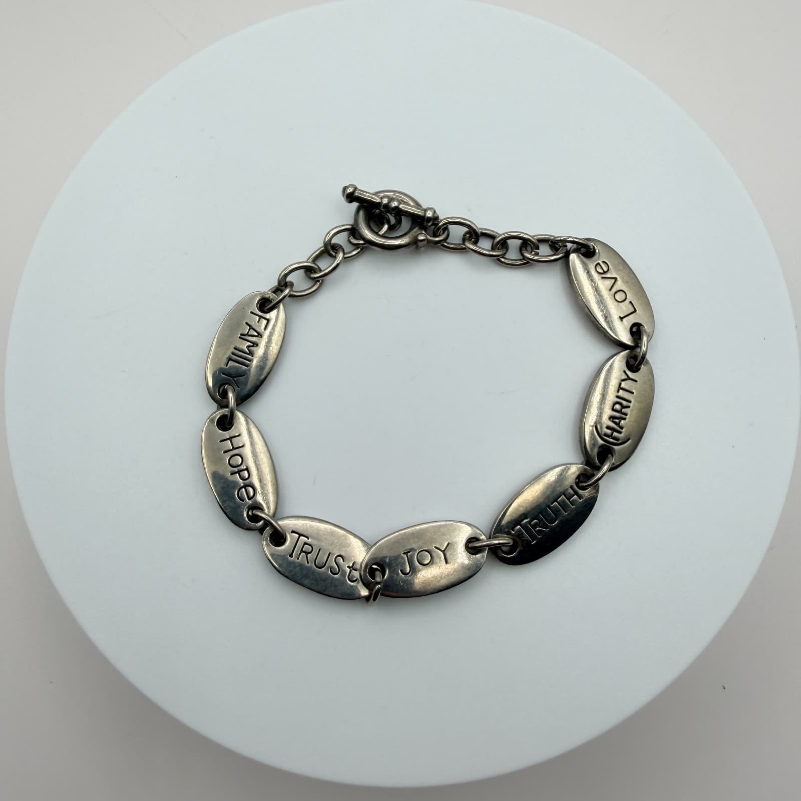 Vintage 90s Silver Tone Inspirational Message Oval Link Bracelet Fashion Jewelry - Thumbnail 3