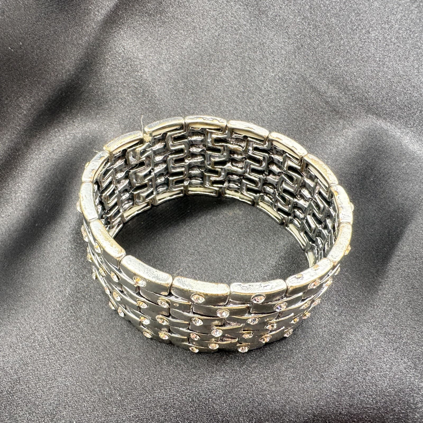 Vintage 90s Silver Tone Wide Stretch Bracelet Clear Glass Accents Boho Chunky - Thumbnail 6