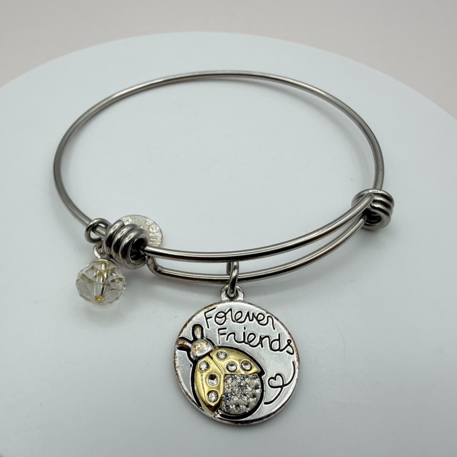 Vintage 90s Love This Life Silver Tone Forever Friends Ladybug Bangle Bracelet - Image 1