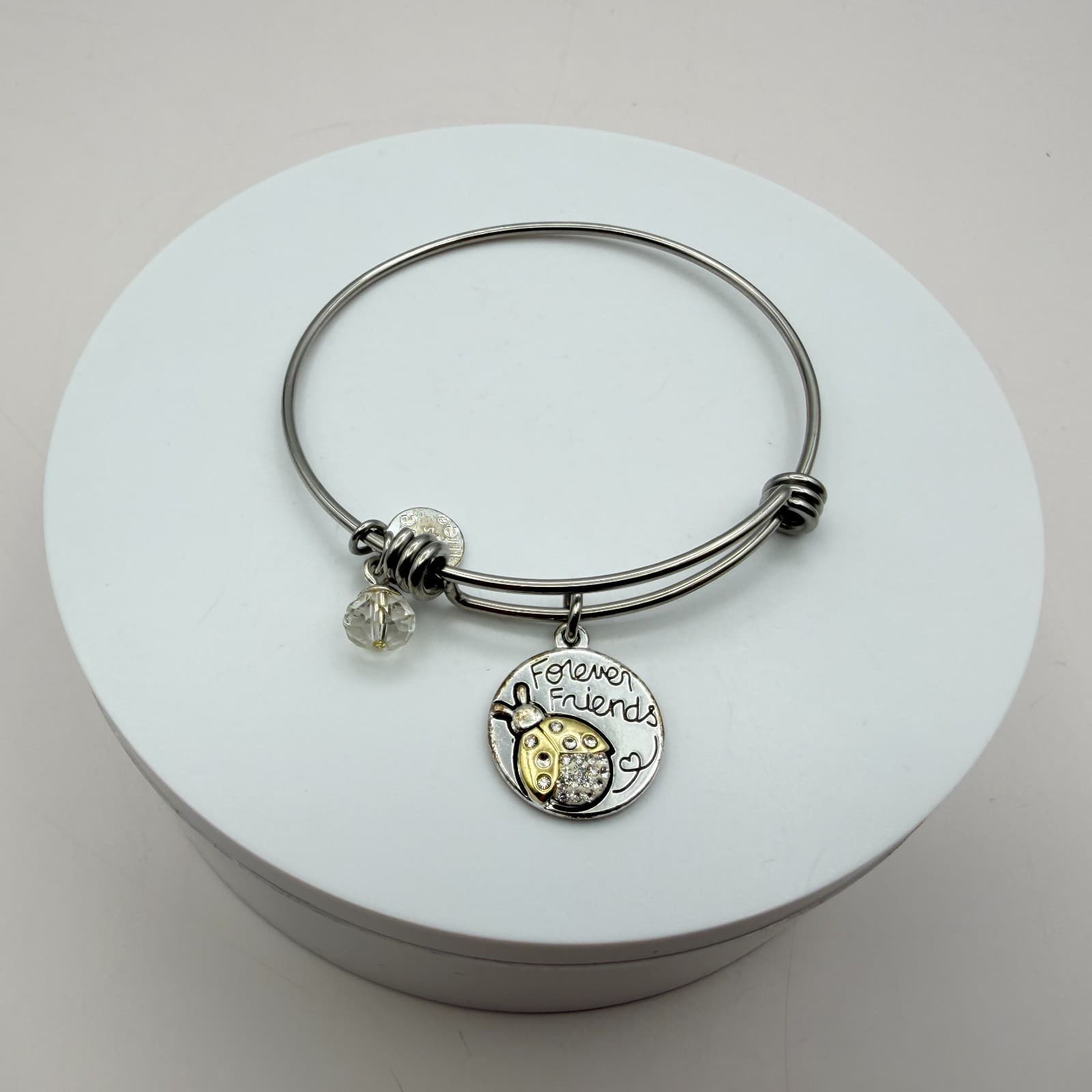 Vintage 90s Love This Life Silver Tone Forever Friends Ladybug Bangle Bracelet - Thumbnail 2