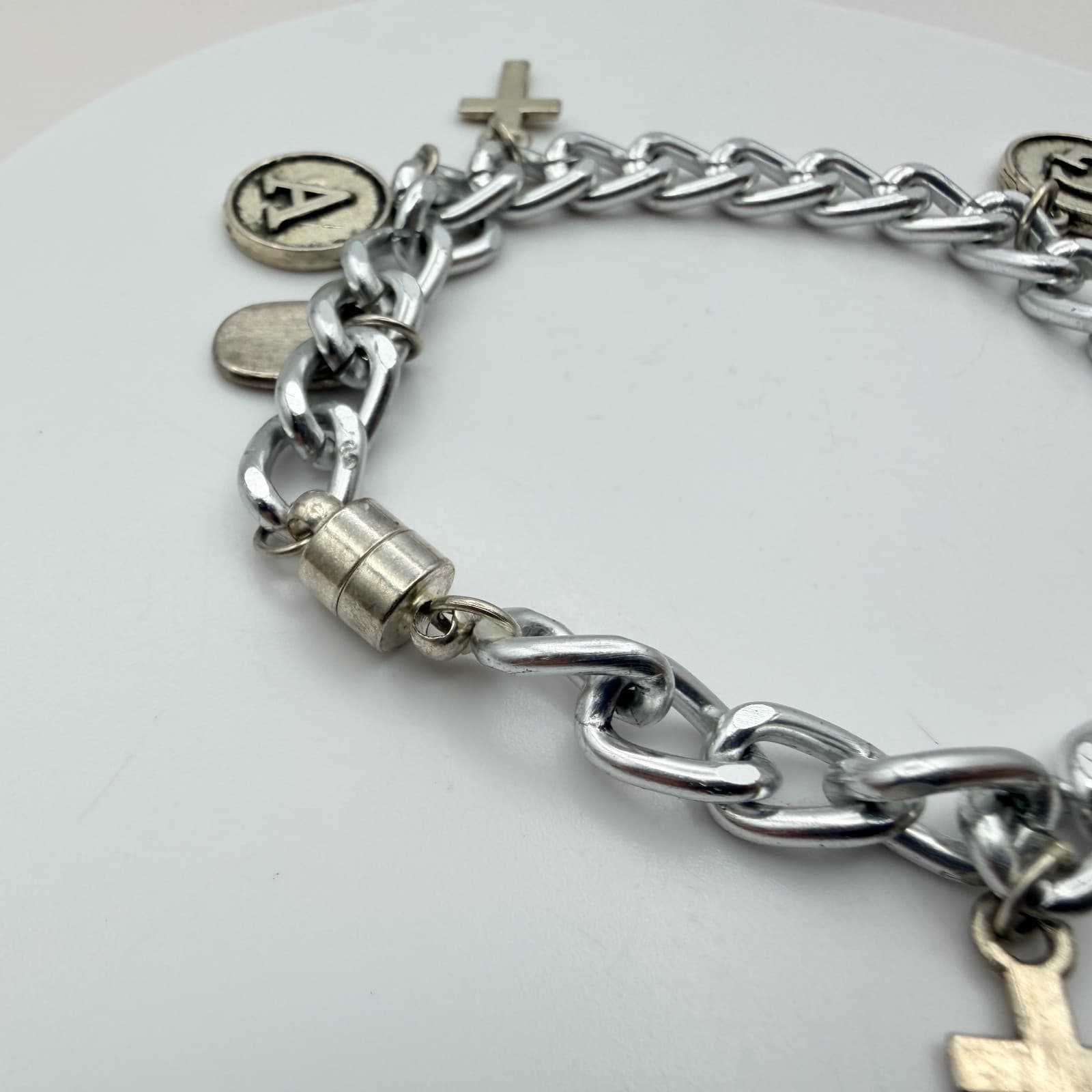 Vintage 90s Silver Tone Initial & Cross Charm Bracelet Magnetic Fashion Jewelry - Thumbnail 4
