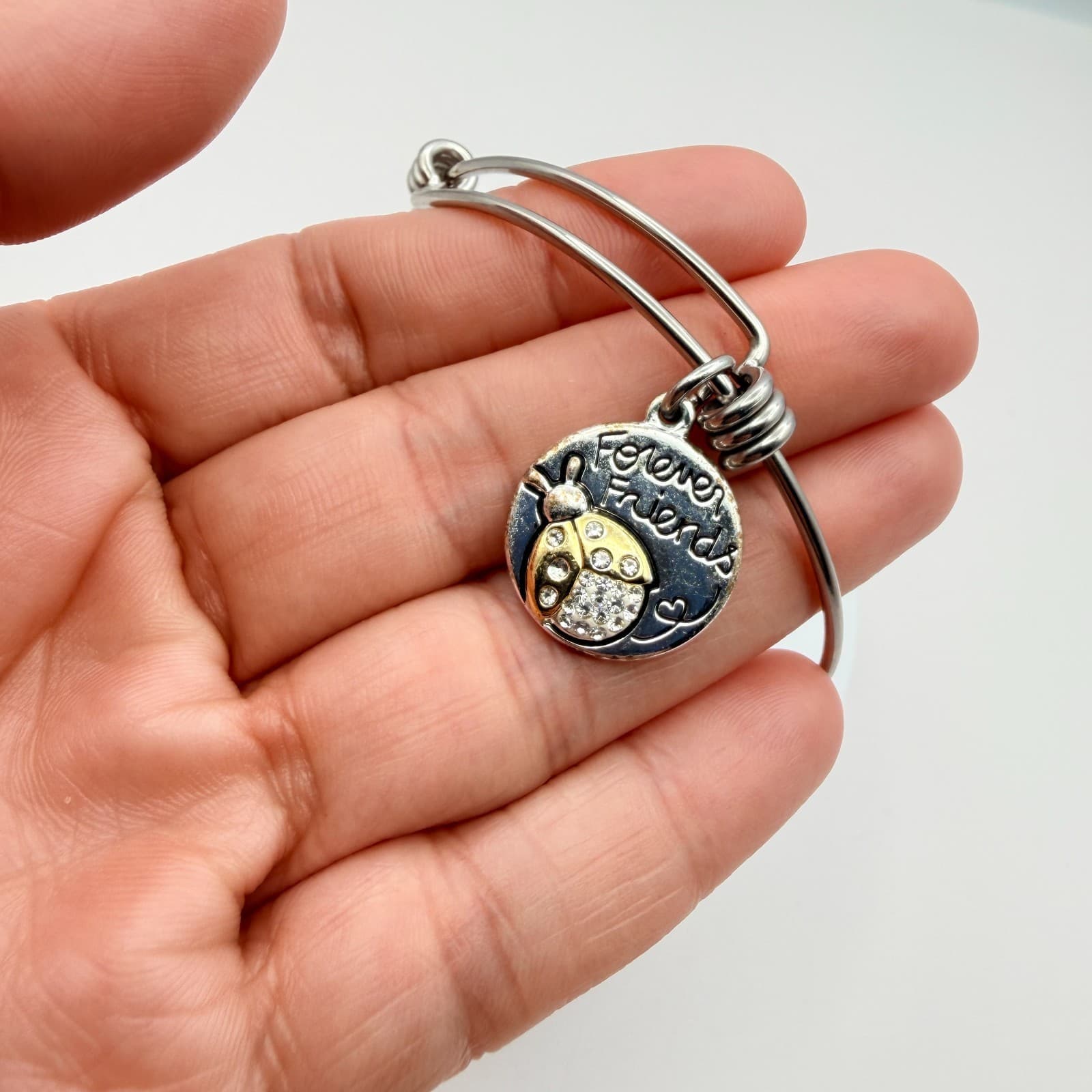 Vintage 90s Love This Life Silver Tone Forever Friends Ladybug Bangle Bracelet - Thumbnail 7