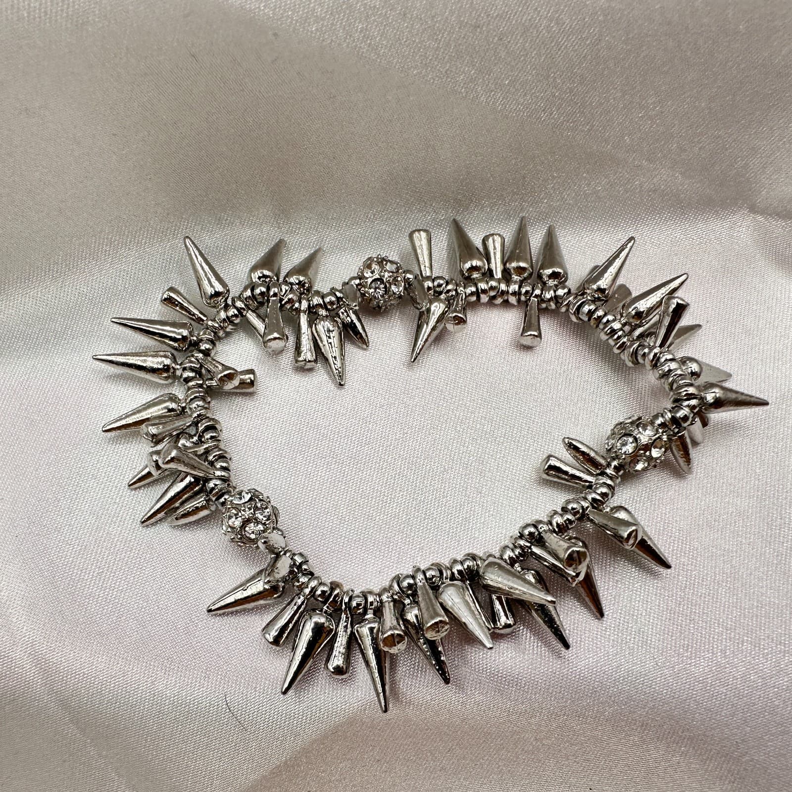 Vintage 90s Silver Tone Spike Charm Bracelet Clear Glass Stretch Punk Fashion - Image 1
