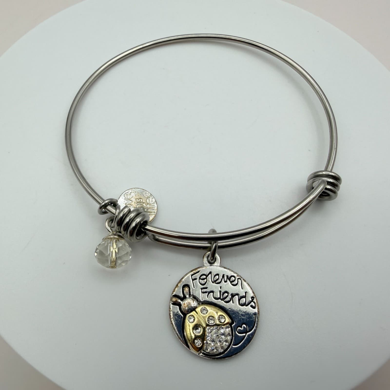 Vintage 90s Love This Life Silver Tone Forever Friends Ladybug Bangle Bracelet - Thumbnail 3