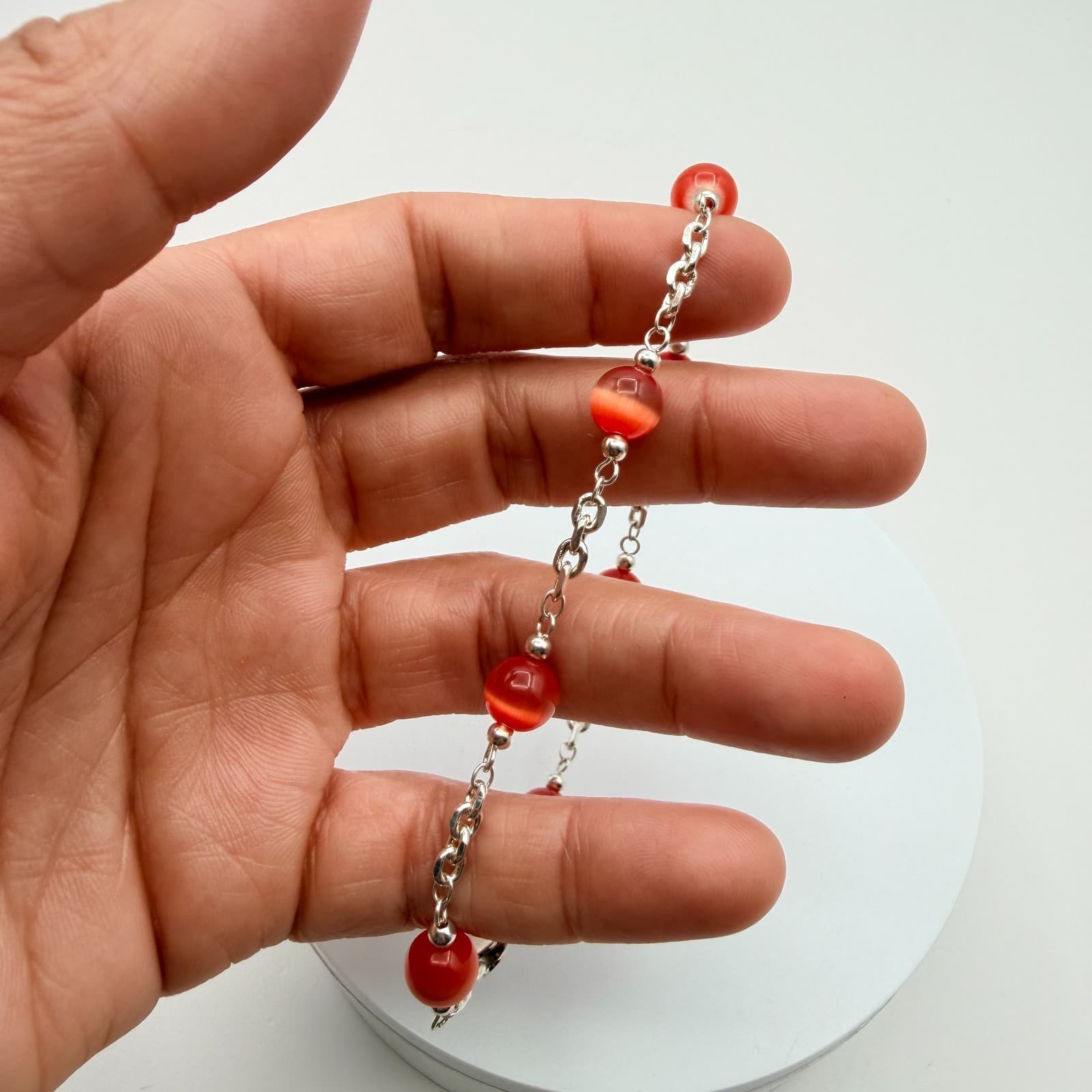 Vintage 90s Women's Silver Tone Chain Burnt Orange Bead Station Bracelet Jewelry - Thumbnail 7
