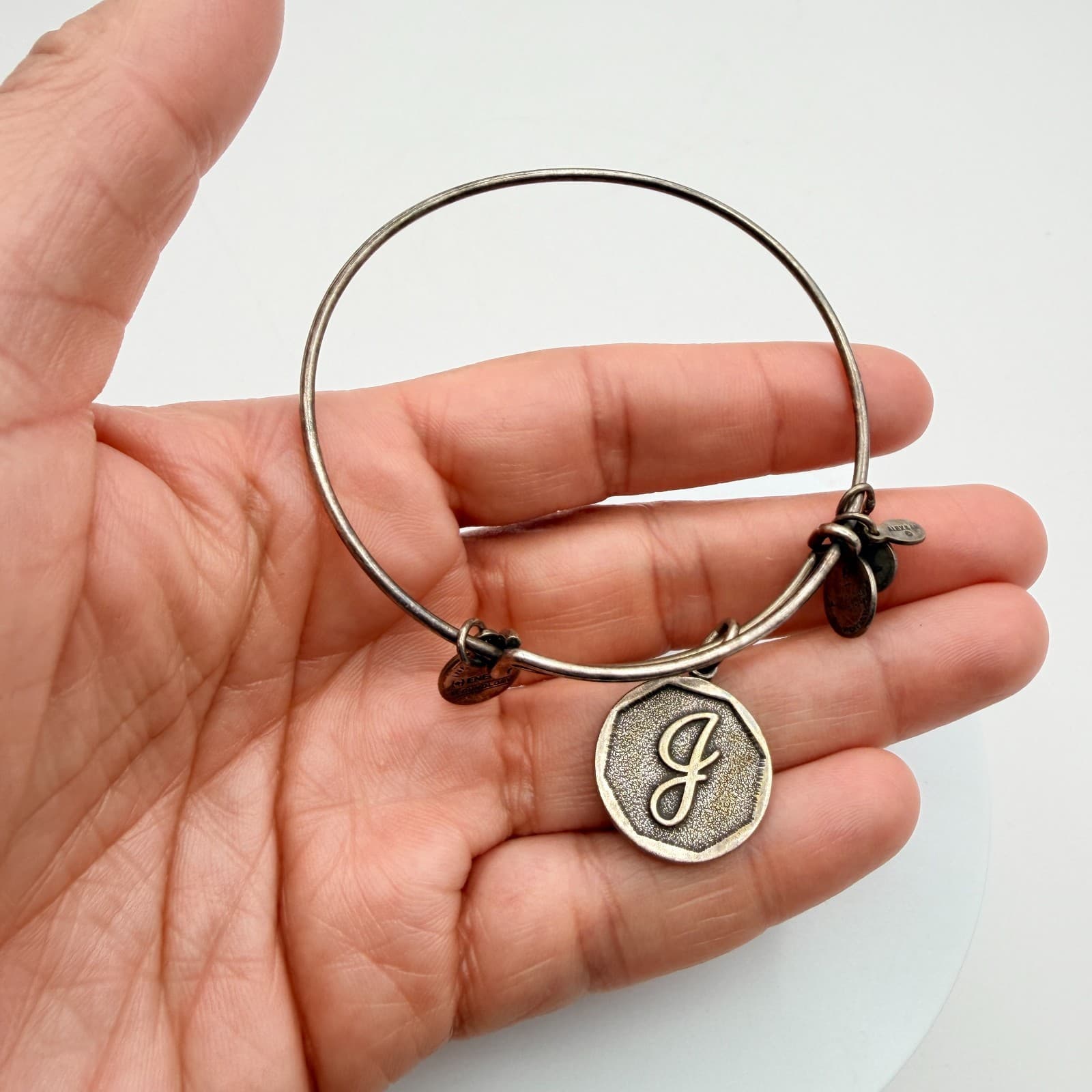 Vintage 90s Alex and Ani Silver Tone Initial Charm Bangle Bracelet Retro Jewelry - Thumbnail 8