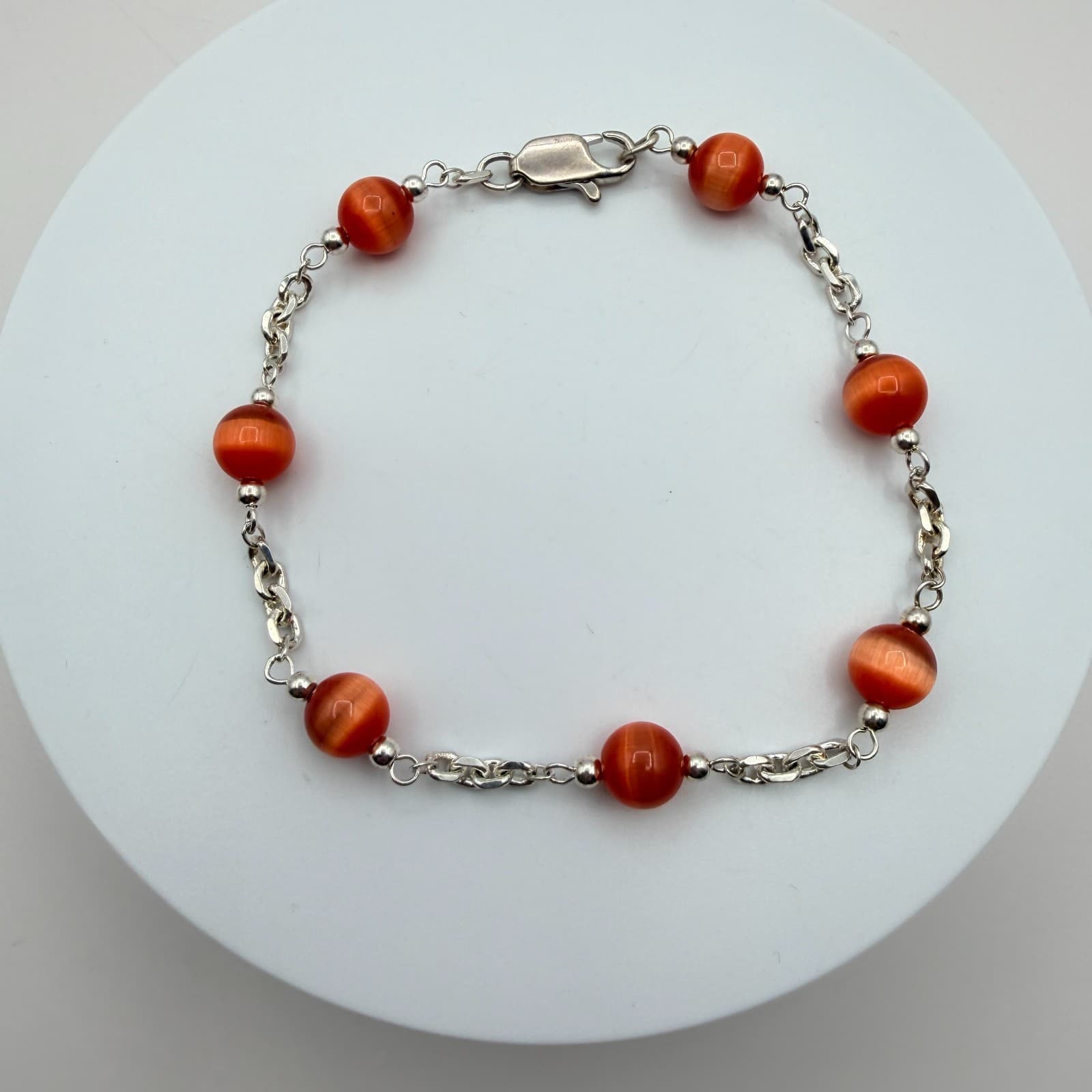 Vintage 90s Women's Silver Tone Chain Burnt Orange Bead Station Bracelet Jewelry - Thumbnail 6