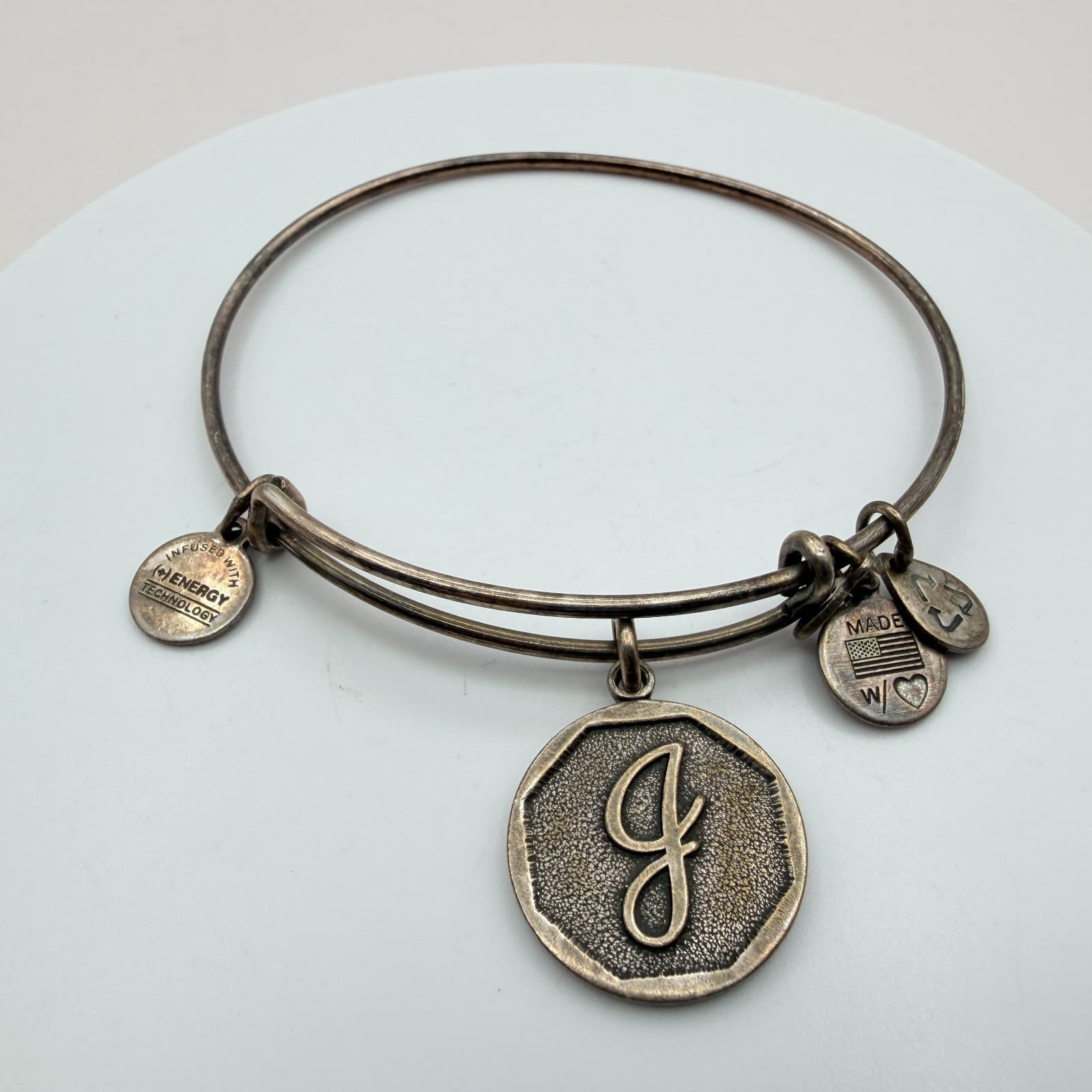 Vintage 90s Alex and Ani Silver Tone Initial Charm Bangle Bracelet Retro Jewelry - Thumbnail 5
