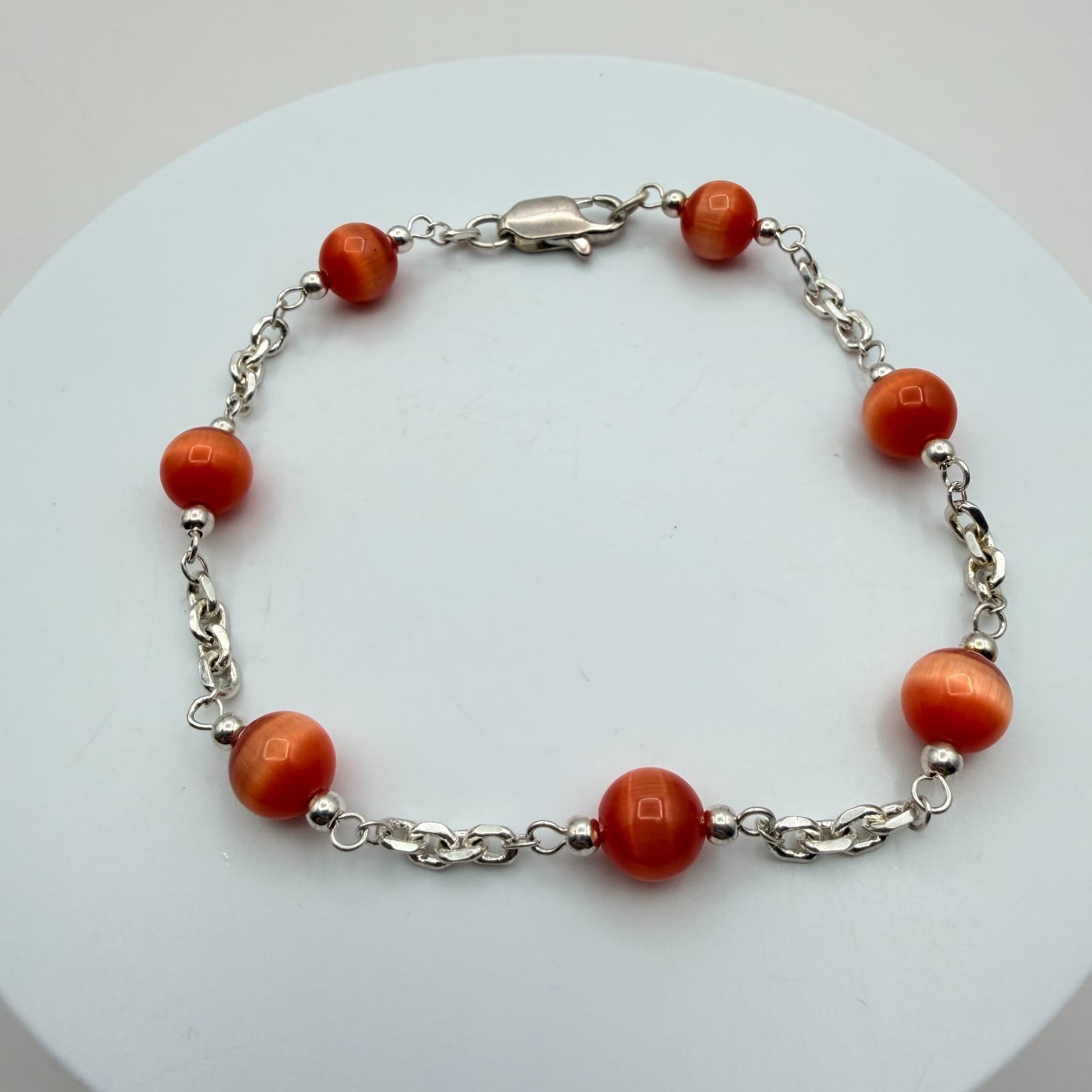 Vintage 90s Women's Silver Tone Chain Burnt Orange Bead Station Bracelet Jewelry - Thumbnail 9