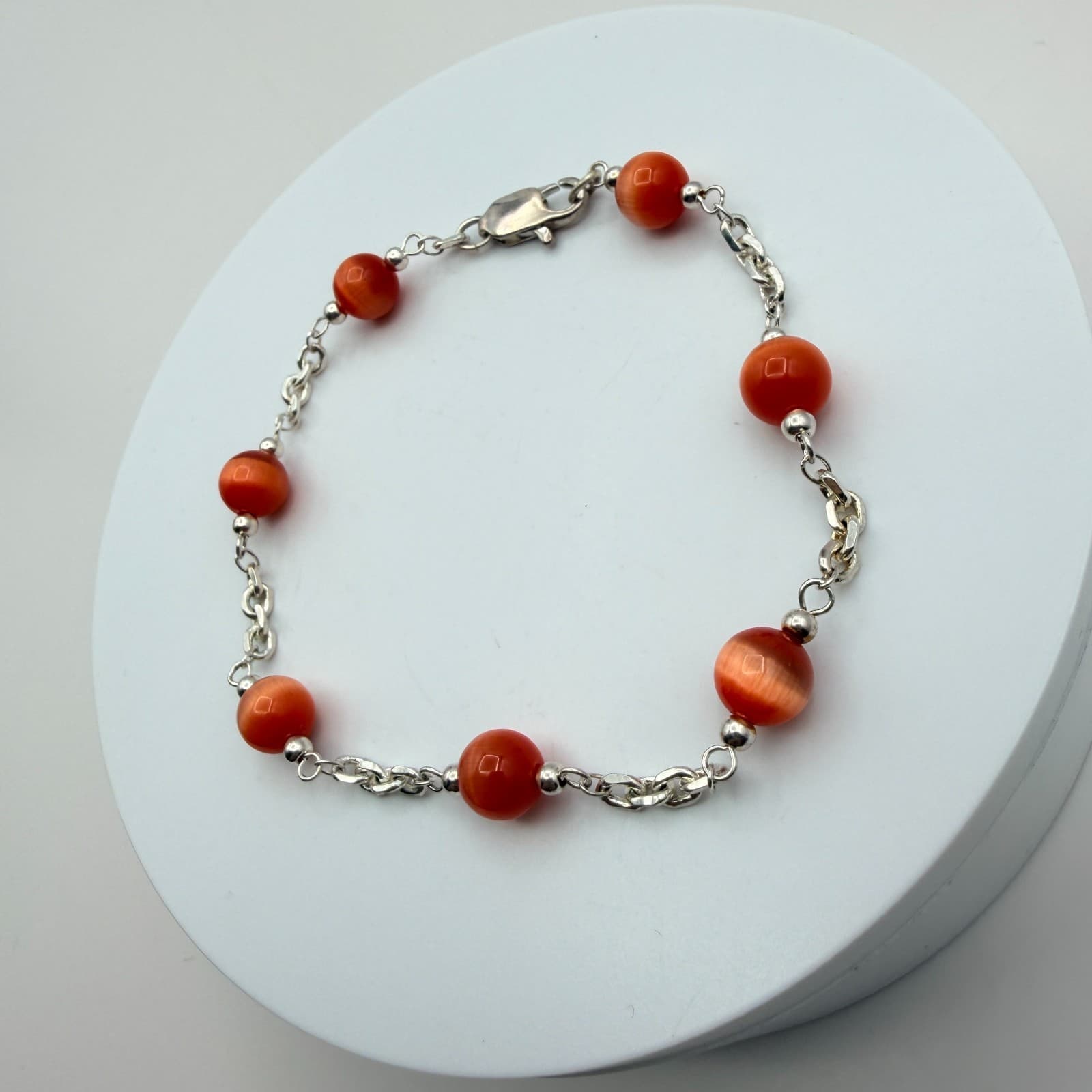 Vintage 90s Women's Silver Tone Chain Burnt Orange Bead Station Bracelet Jewelry - Thumbnail 8