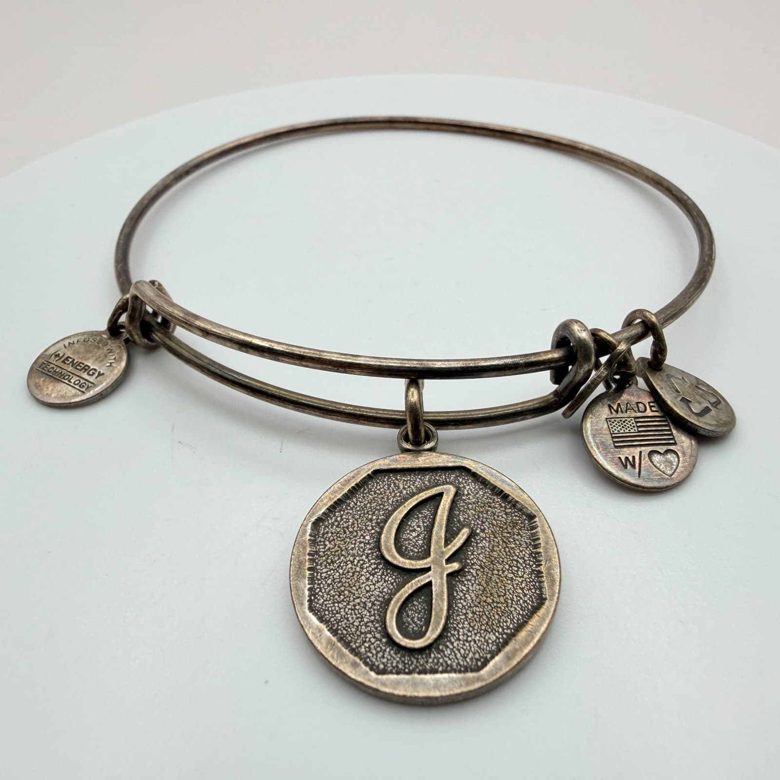 Vintage 90s Alex and Ani Silver Tone Initial Charm Bangle Bracelet Retro Jewelry - Thumbnail 6