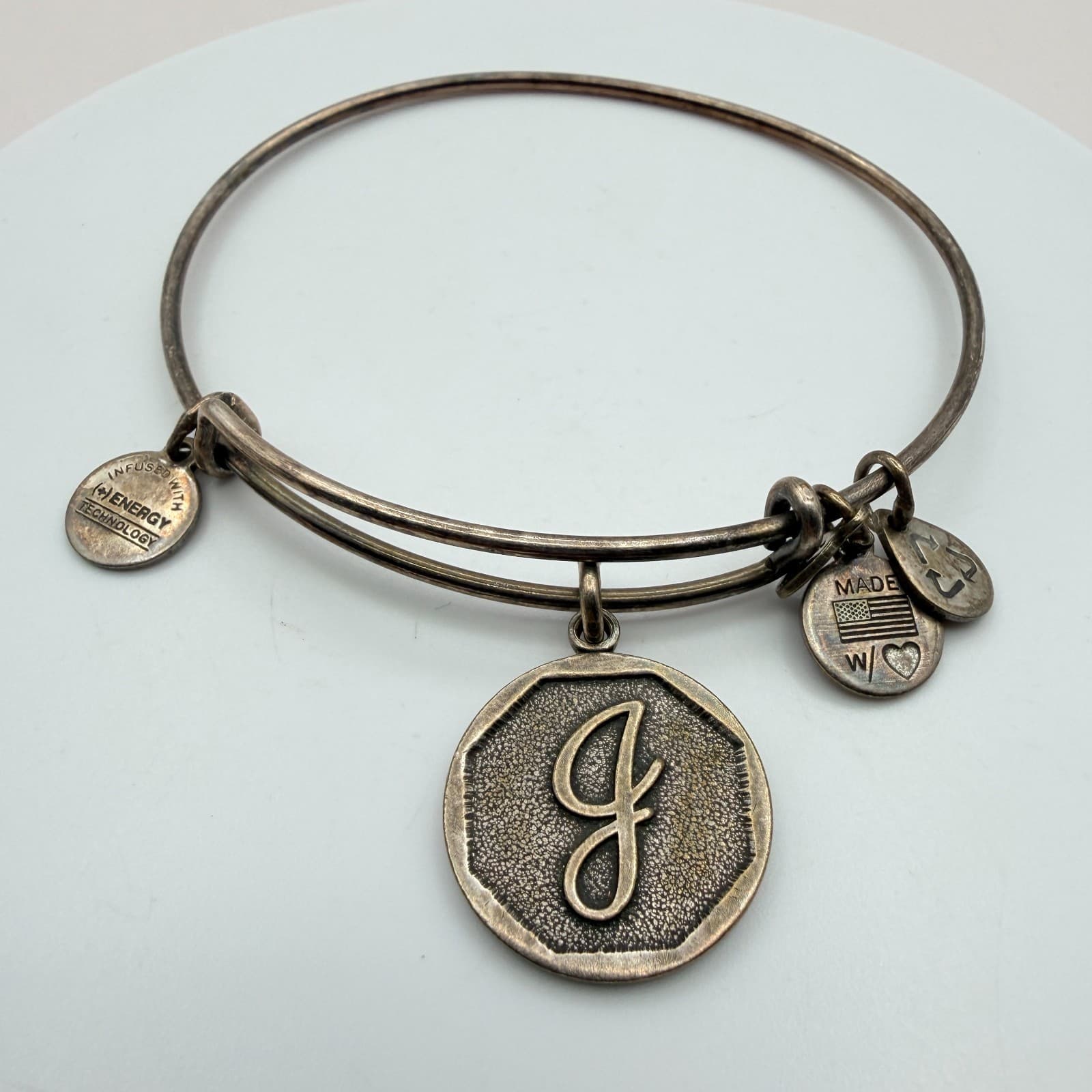 Vintage 90s Alex and Ani Silver Tone Initial Charm Bangle Bracelet Retro Jewelry - Thumbnail 4