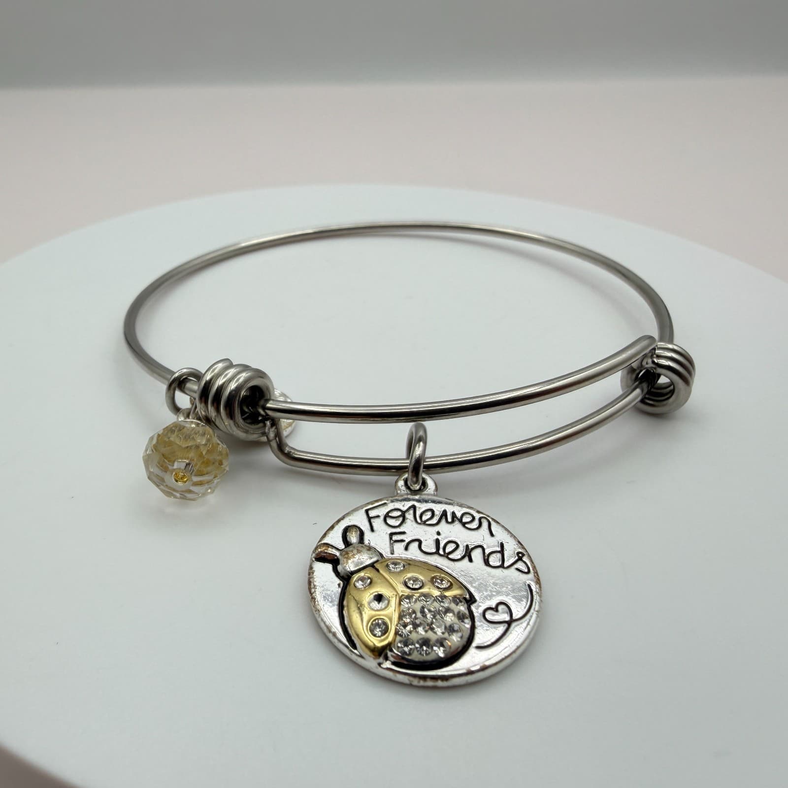 Vintage 90s Love This Life Silver Tone Forever Friends Ladybug Bangle Bracelet - Thumbnail 4