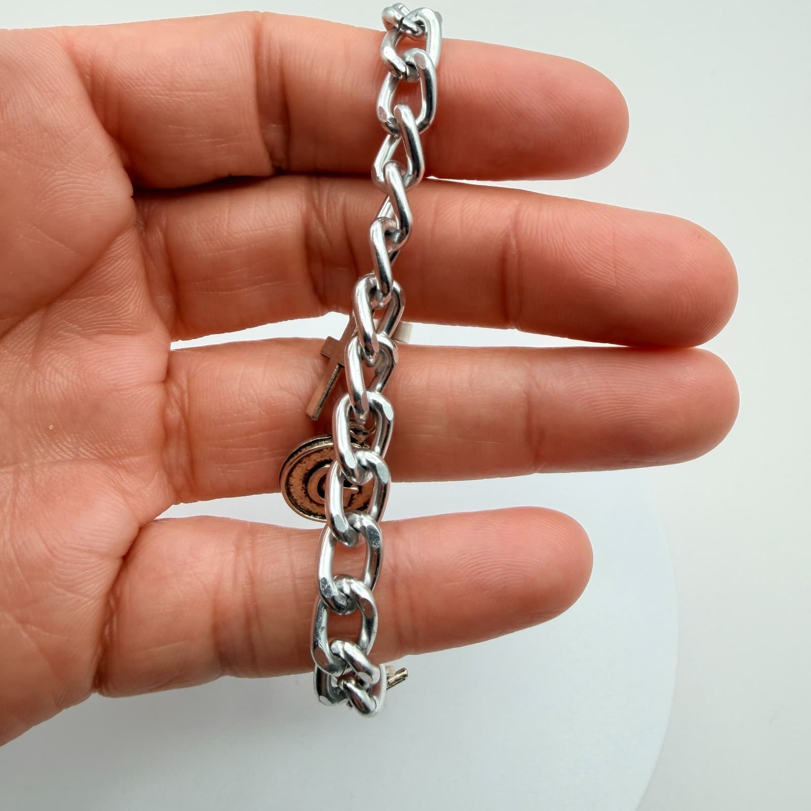 Vintage 90s Silver Tone Initial & Cross Charm Bracelet Magnetic Fashion Jewelry - Thumbnail 6