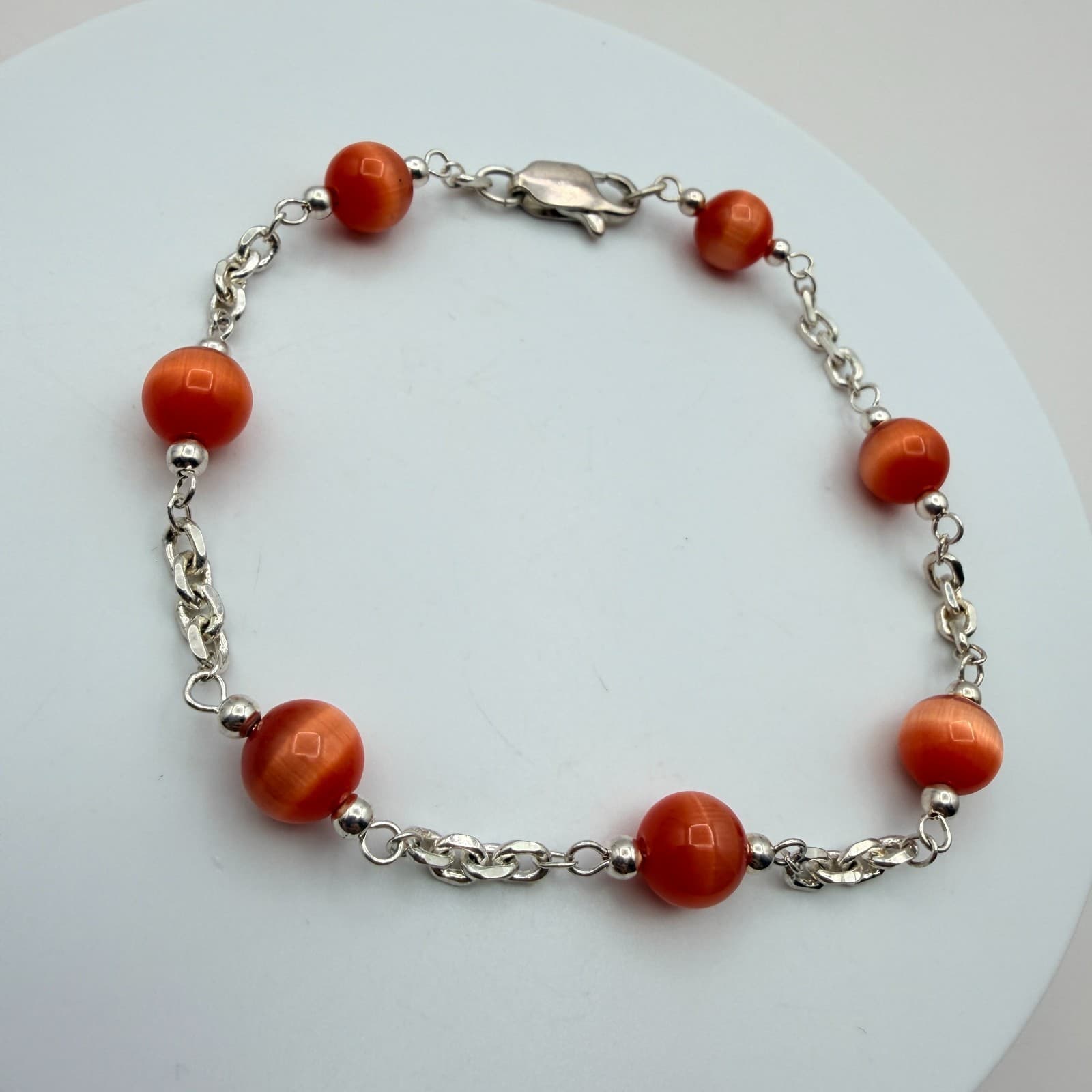 Vintage 90s Women's Silver Tone Chain Burnt Orange Bead Station Bracelet Jewelry - Thumbnail 4