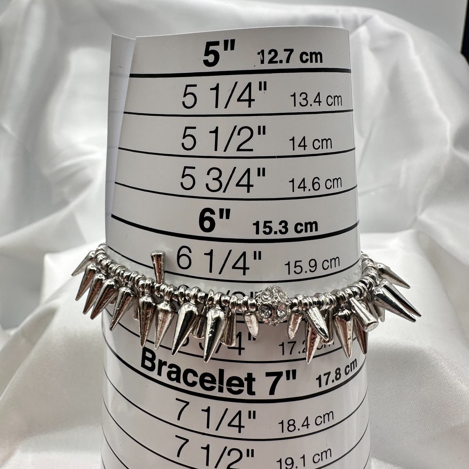 Vintage 90s Silver Tone Spike Charm Bracelet Clear Glass Stretch Punk Fashion - Thumbnail 8