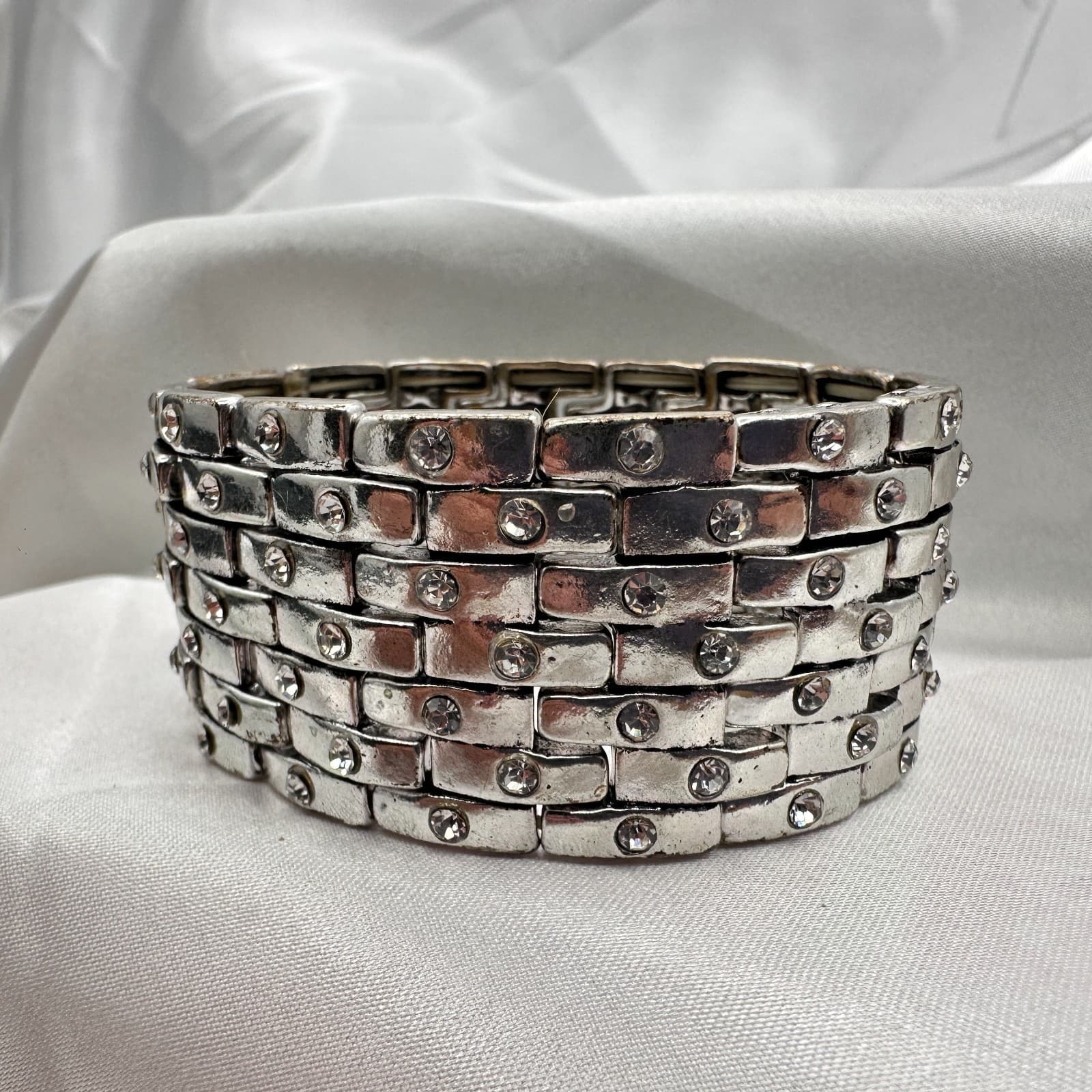 Vintage 90s Silver Tone Wide Stretch Bracelet Clear Glass Accents Boho Chunky - Thumbnail 3