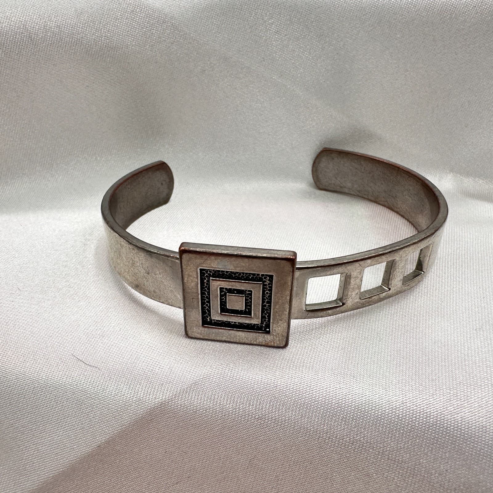 Vintage 90s Silver Tone Geometric Square Cuff Bracelet Modernist Boho Jewelry - Image 1