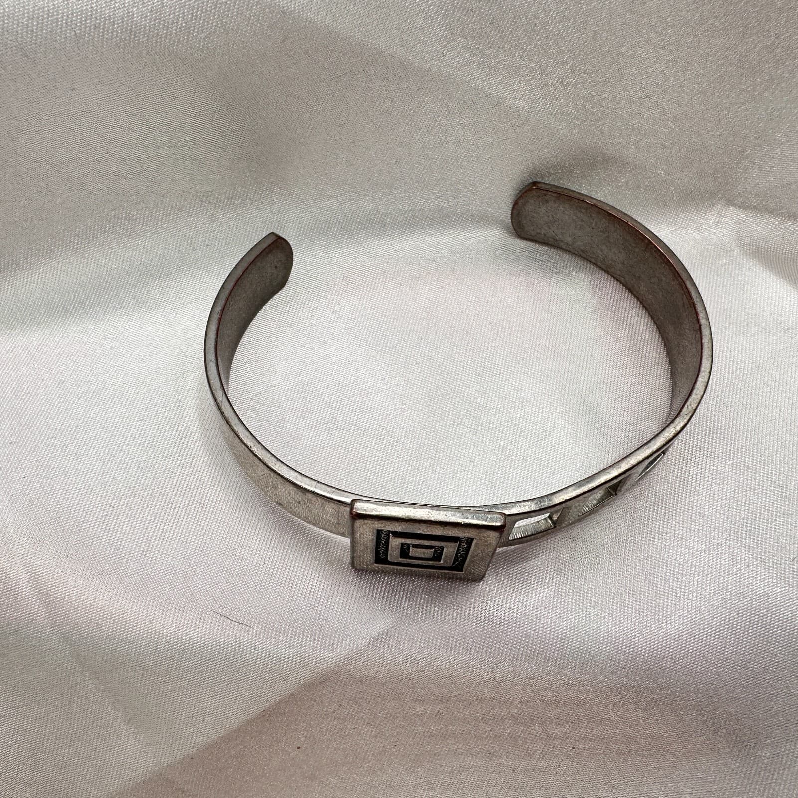Vintage 90s Silver Tone Geometric Square Cuff Bracelet Modernist Boho Jewelry - Thumbnail 3