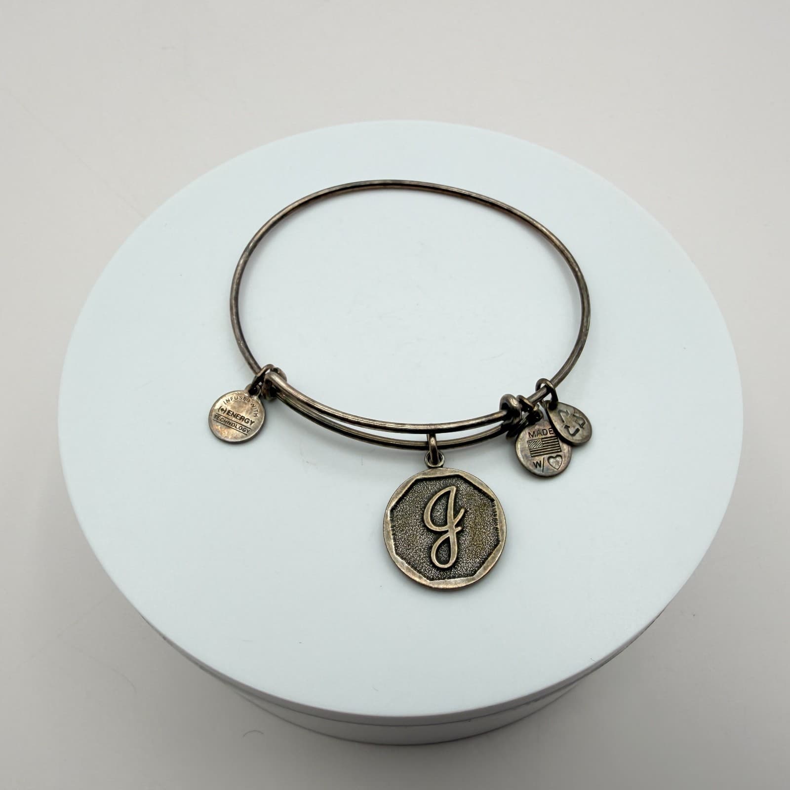 Vintage 90s Alex and Ani Silver Tone Initial Charm Bangle Bracelet Retro Jewelry - Thumbnail 7