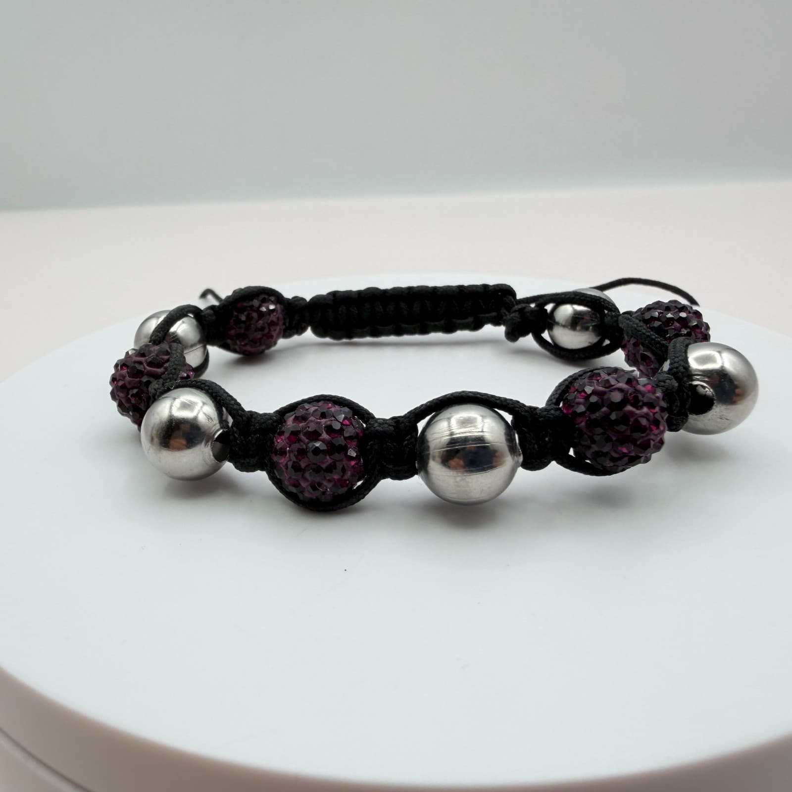 Vintage 90s Black Cord Purple Disco Ball Shamballa Bracelet Women's Jewelry - Thumbnail 2