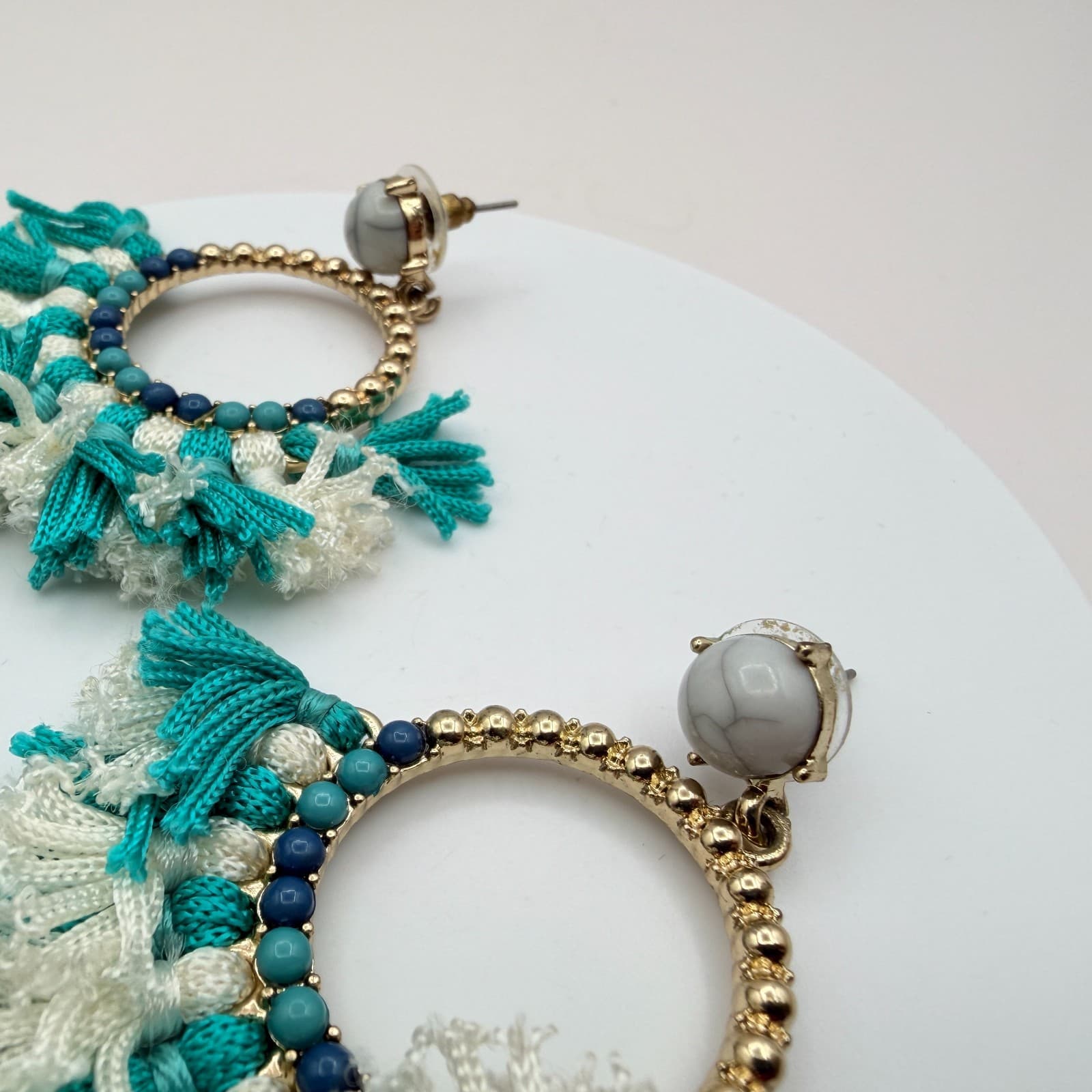 Vintage Y2K Gold Tone Tassel Hoop Earrings Beaded Women's Classic Jewelry - Thumbnail 5