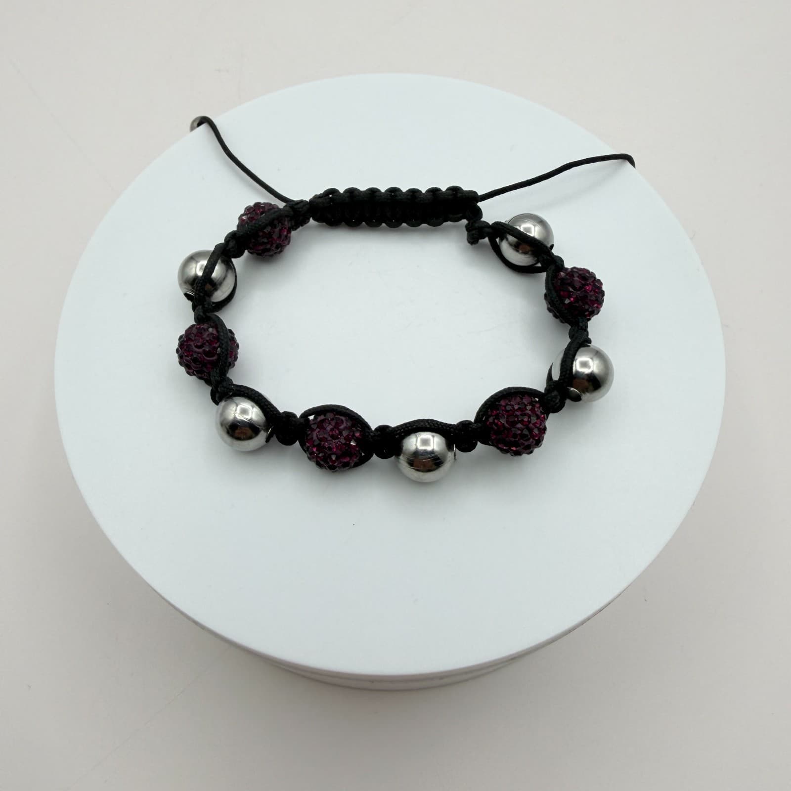 Vintage 90s Black Cord Purple Disco Ball Shamballa Bracelet Women's Jewelry - Thumbnail 3