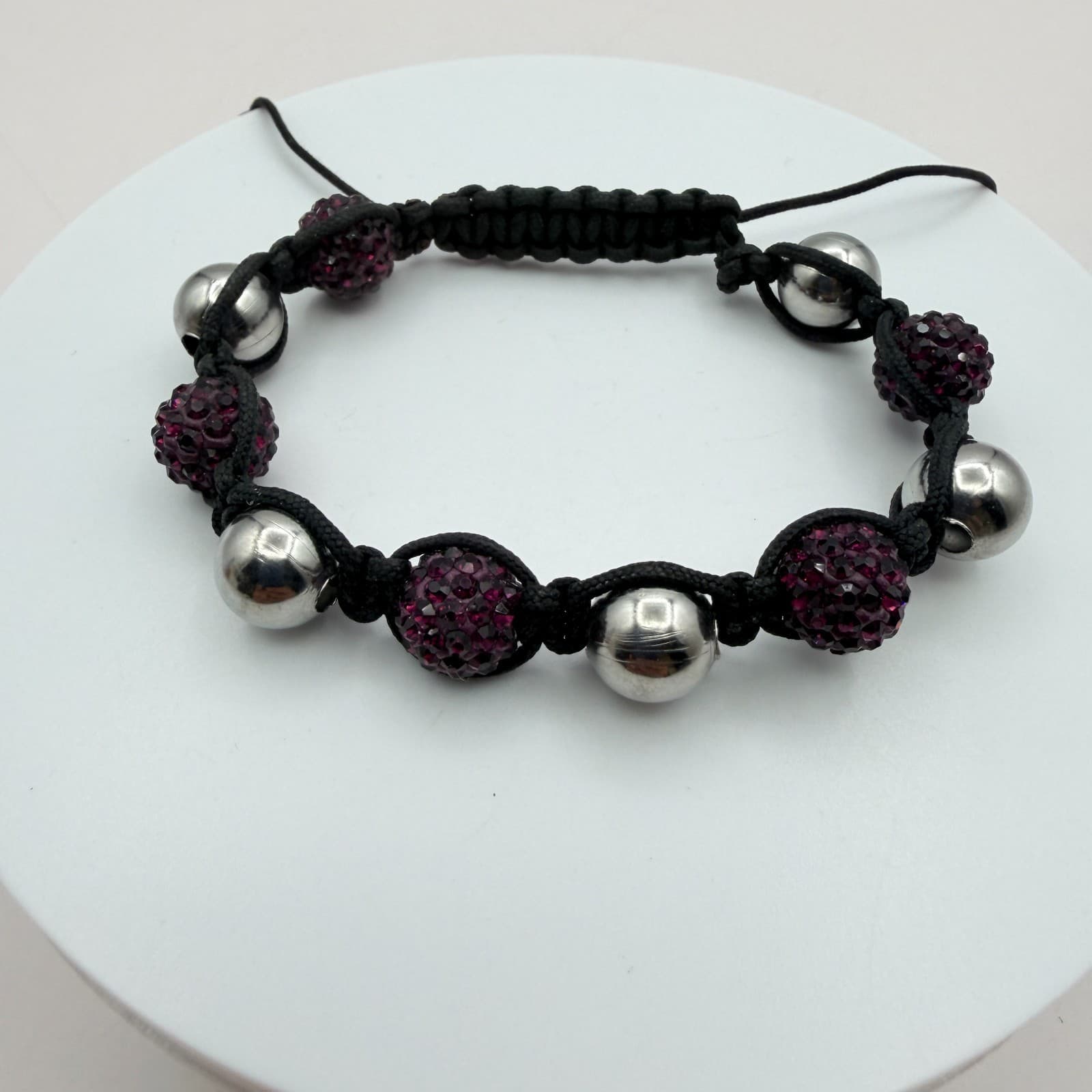 Vintage 90s Black Cord Purple Disco Ball Shamballa Bracelet Women's Jewelry - Thumbnail 4