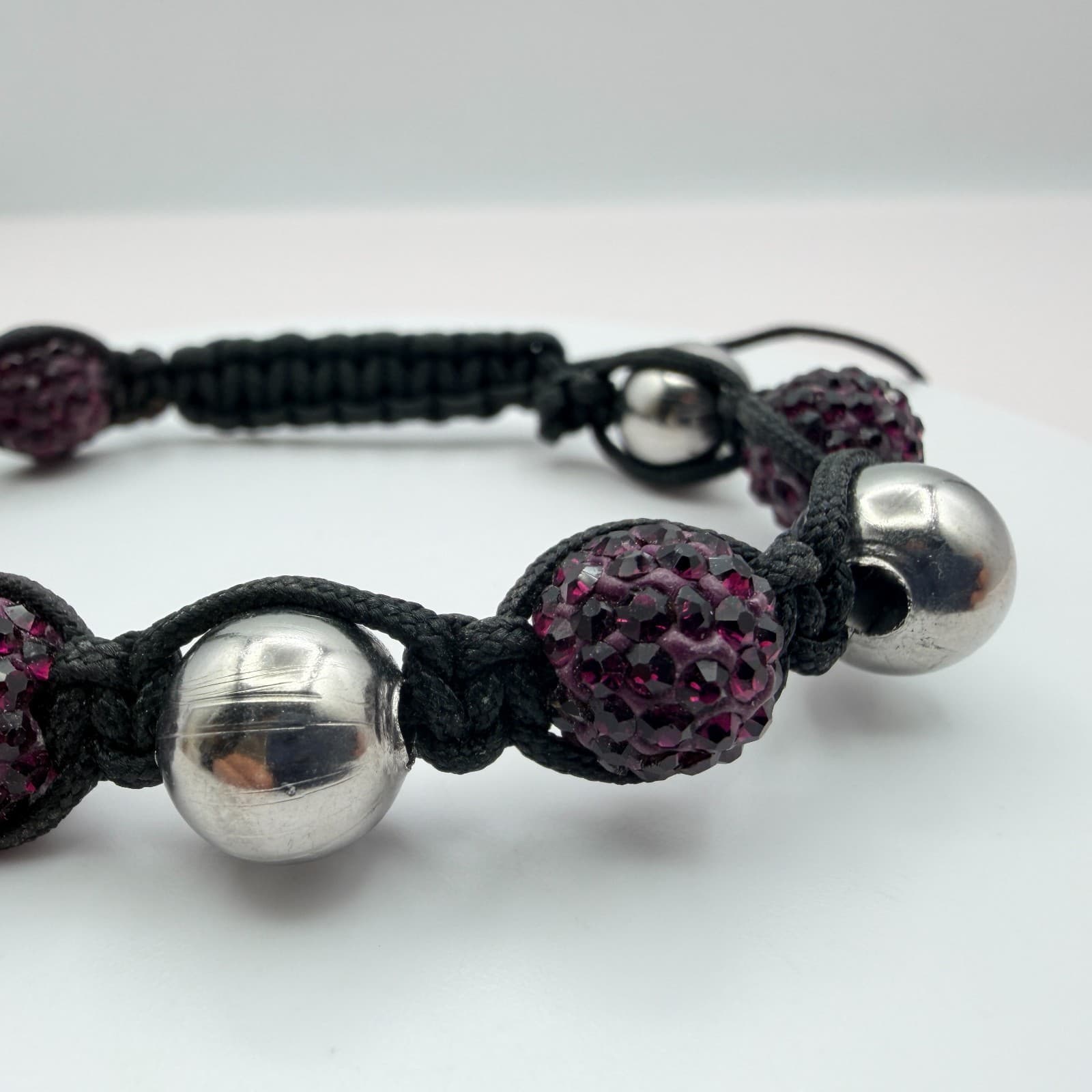 Vintage 90s Black Cord Purple Disco Ball Shamballa Bracelet Women's Jewelry - Thumbnail 5