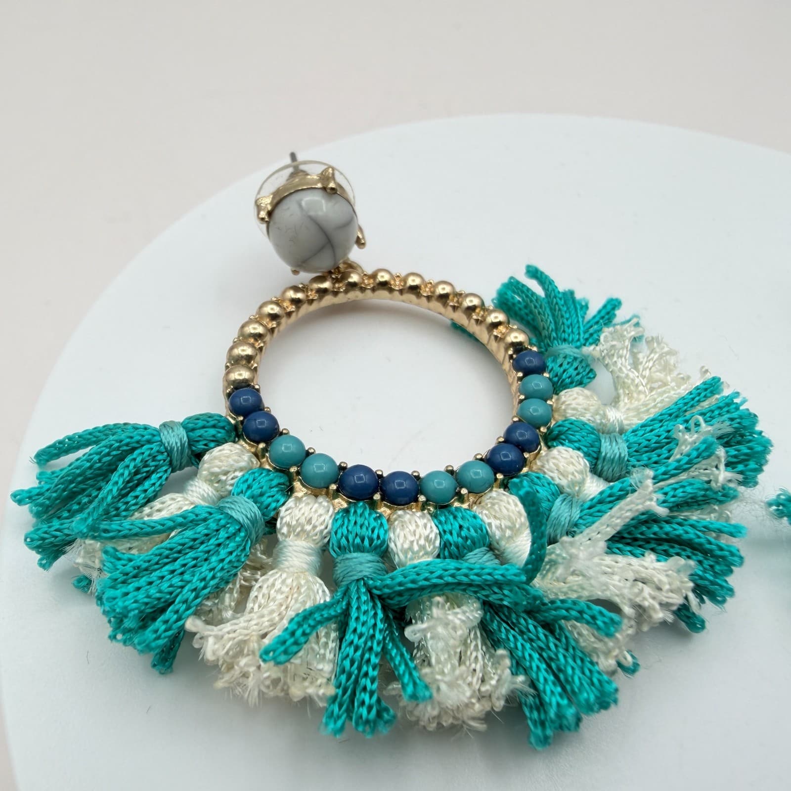 Vintage Y2K Gold Tone Tassel Hoop Earrings Beaded Women's Classic Jewelry - Thumbnail 3