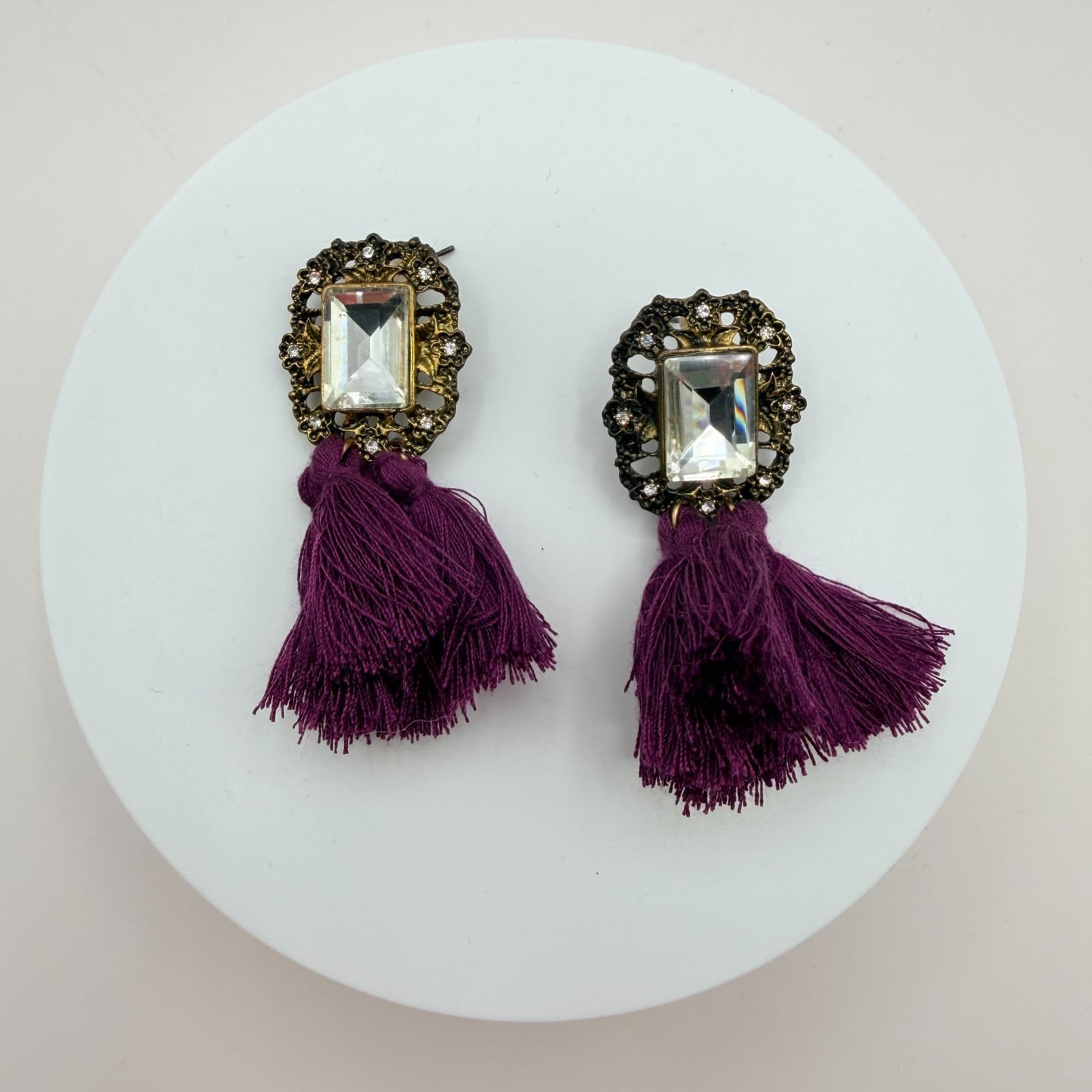 Vintage Y2K Gold Tone Purple Tassel Emerald Cut Earrings Women's Classic Jewelry - Image 1