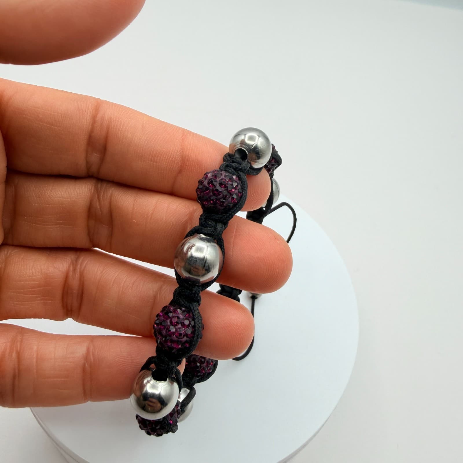 Vintage 90s Black Cord Purple Disco Ball Shamballa Bracelet Women's Jewelry - Thumbnail 7