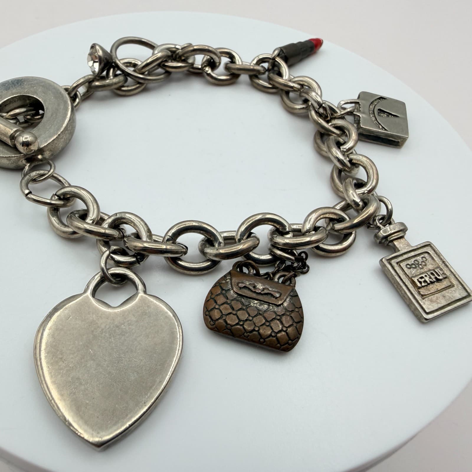 Vintage Y2K Silver Tone Heart Purse Perfume Lipstick Charm Bracelet Jewelry - Thumbnail 4