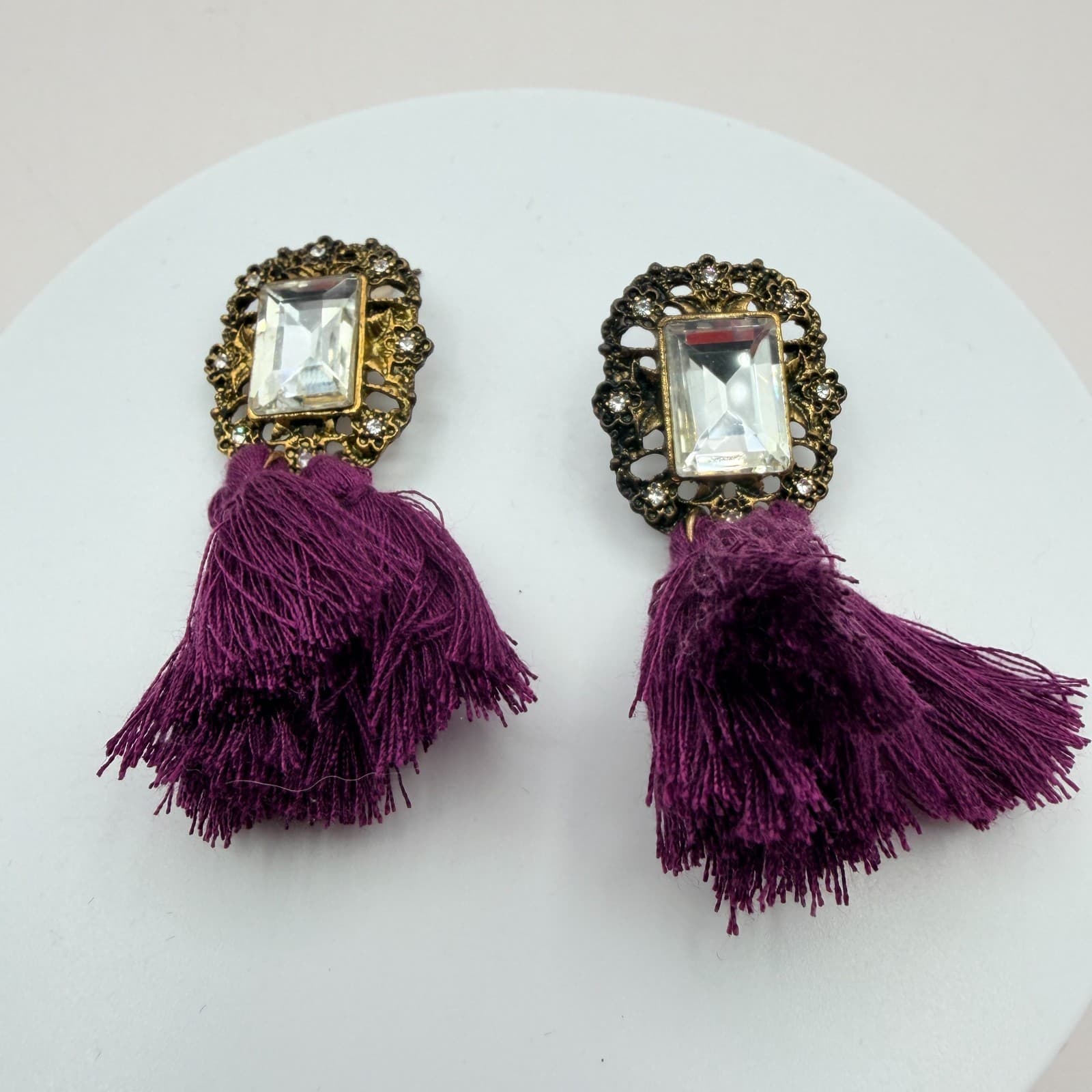 Vintage Y2K Gold Tone Purple Tassel Emerald Cut Earrings Women's Classic Jewelry - Thumbnail 3