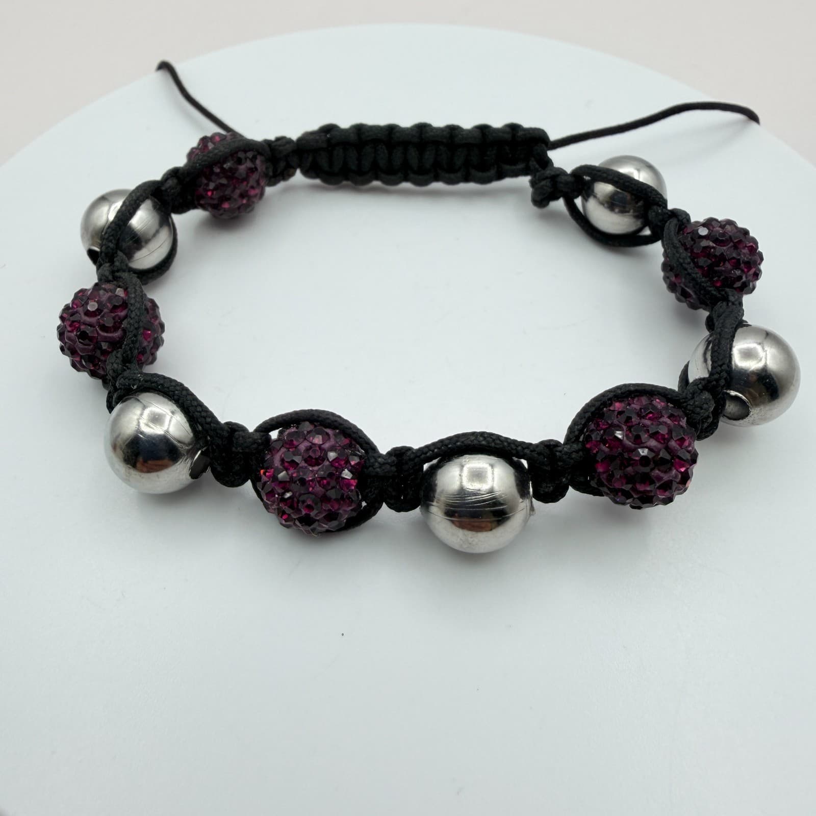Vintage 90s Black Cord Purple Disco Ball Shamballa Bracelet Women's Jewelry - Image 1