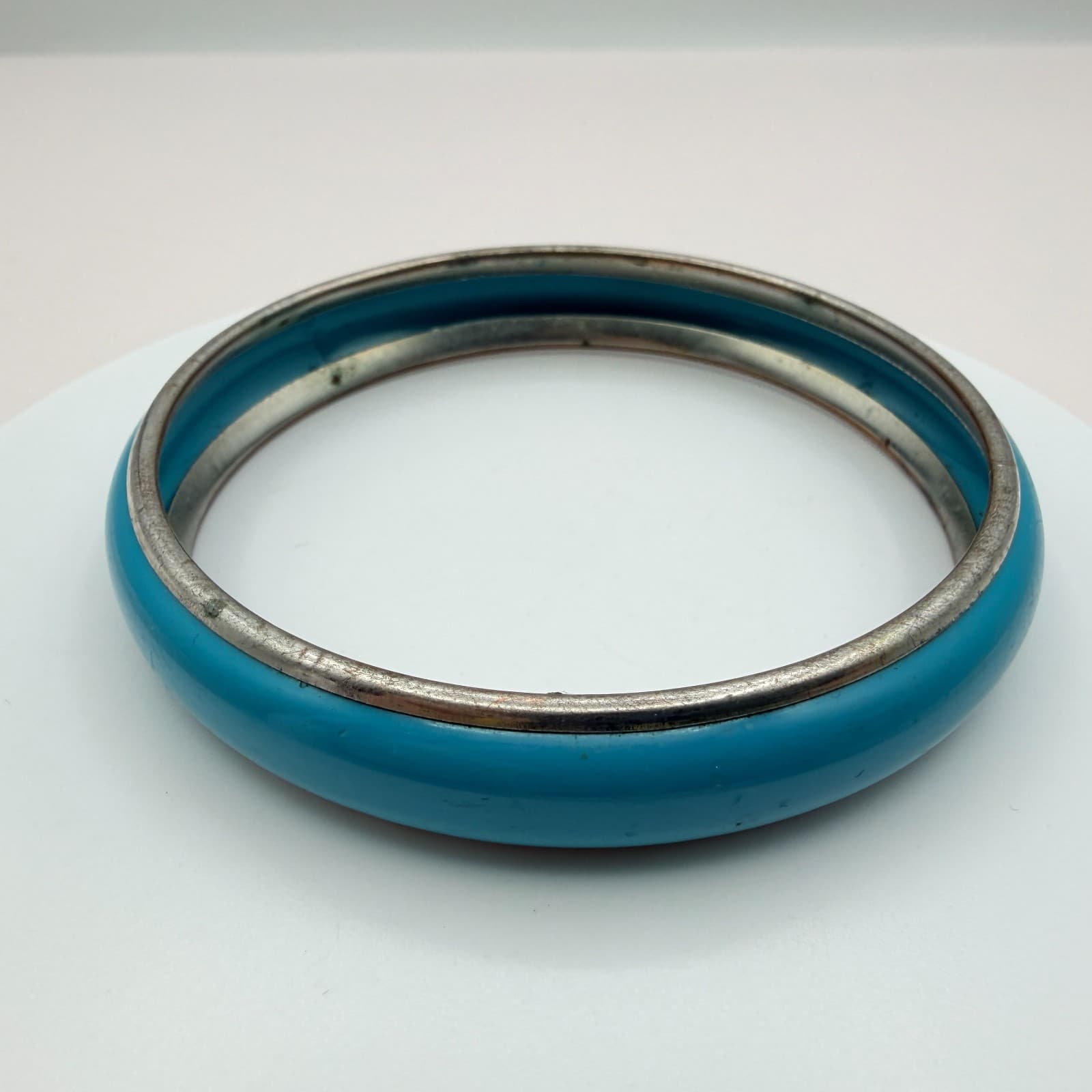 Vintage 90s Silver Tone Blue Enamel Bangle Bracelet Women's Classic Jewelry - Image 1
