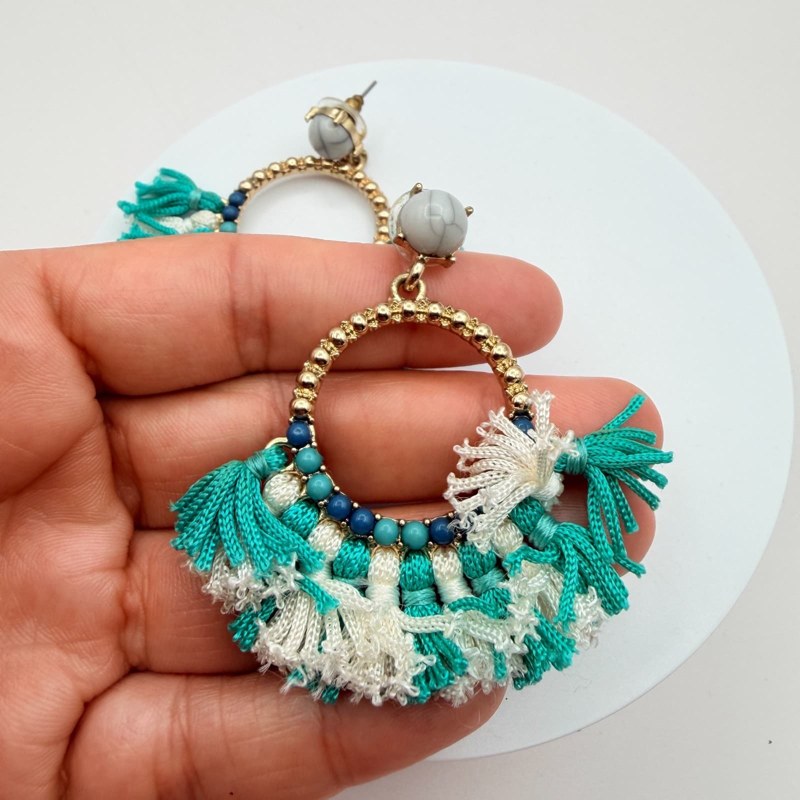 Vintage Y2K Gold Tone Tassel Hoop Earrings Beaded Women's Classic Jewelry - Thumbnail 6