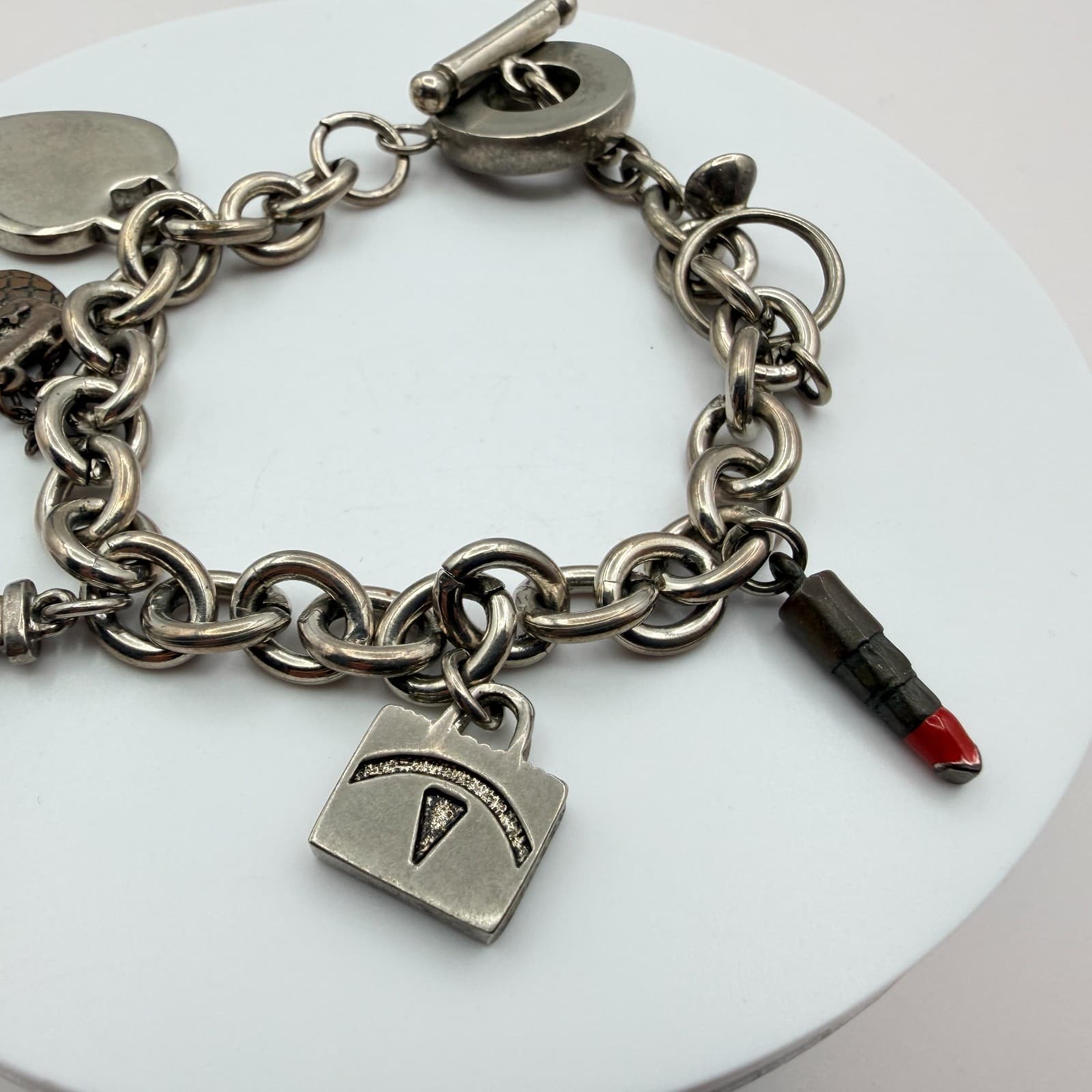 Vintage Y2K Silver Tone Heart Purse Perfume Lipstick Charm Bracelet Jewelry - Thumbnail 6