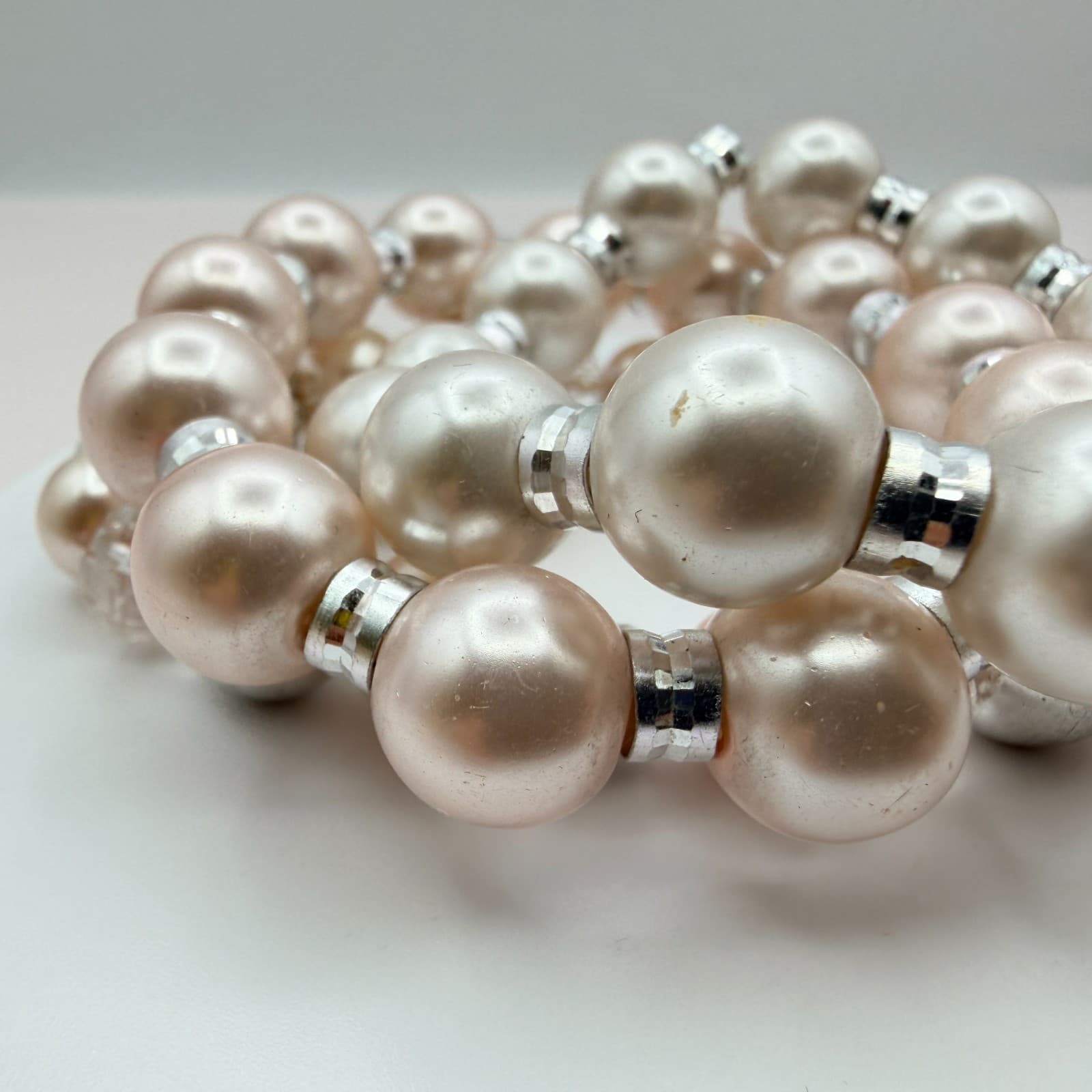 Vintage Y2K Silver Tone Faux Pearl Stretch Beaded Bracelet Women's Jewelry - Thumbnail 6