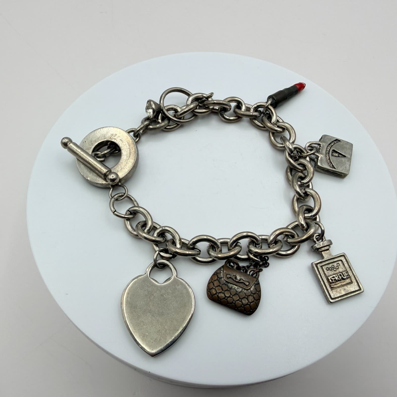 Vintage Y2K Silver Tone Heart Purse Perfume Lipstick Charm Bracelet Jewelry - Image 1