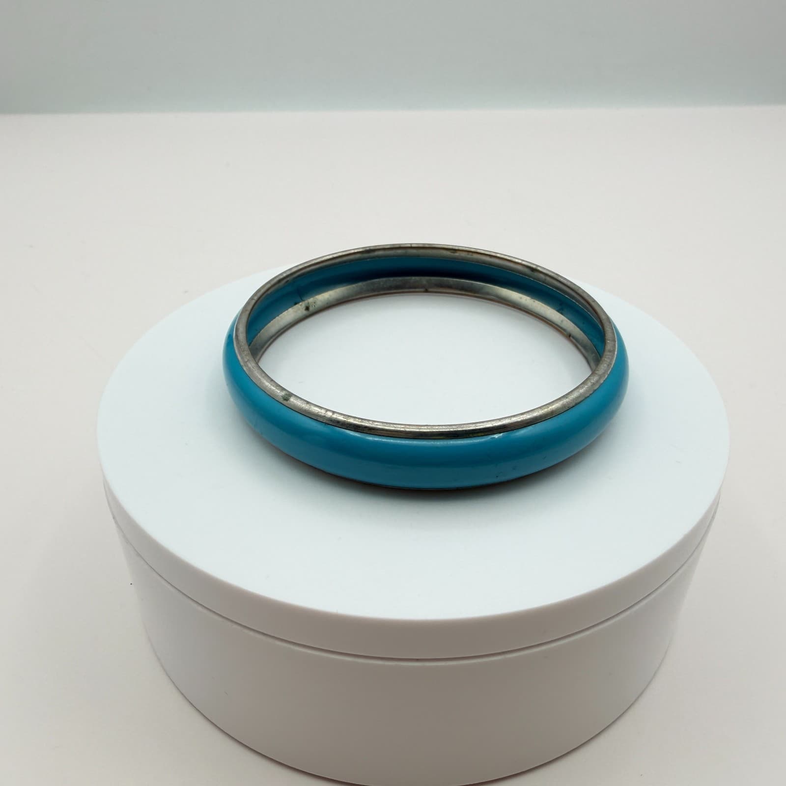 Vintage 90s Silver Tone Blue Enamel Bangle Bracelet Women's Classic Jewelry - Thumbnail 2