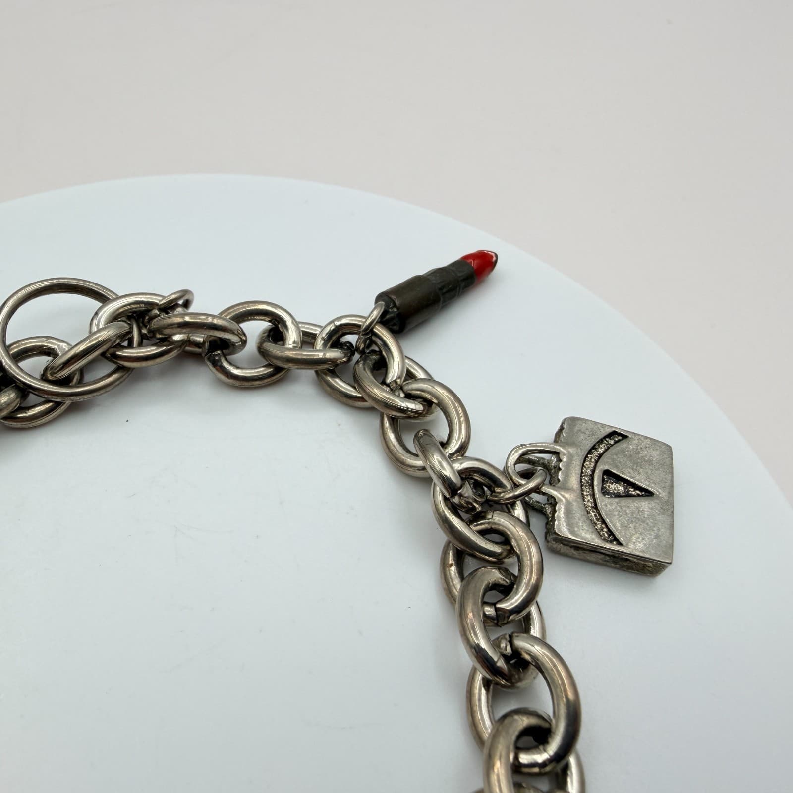 Vintage Y2K Silver Tone Heart Purse Perfume Lipstick Charm Bracelet Jewelry - Thumbnail 5