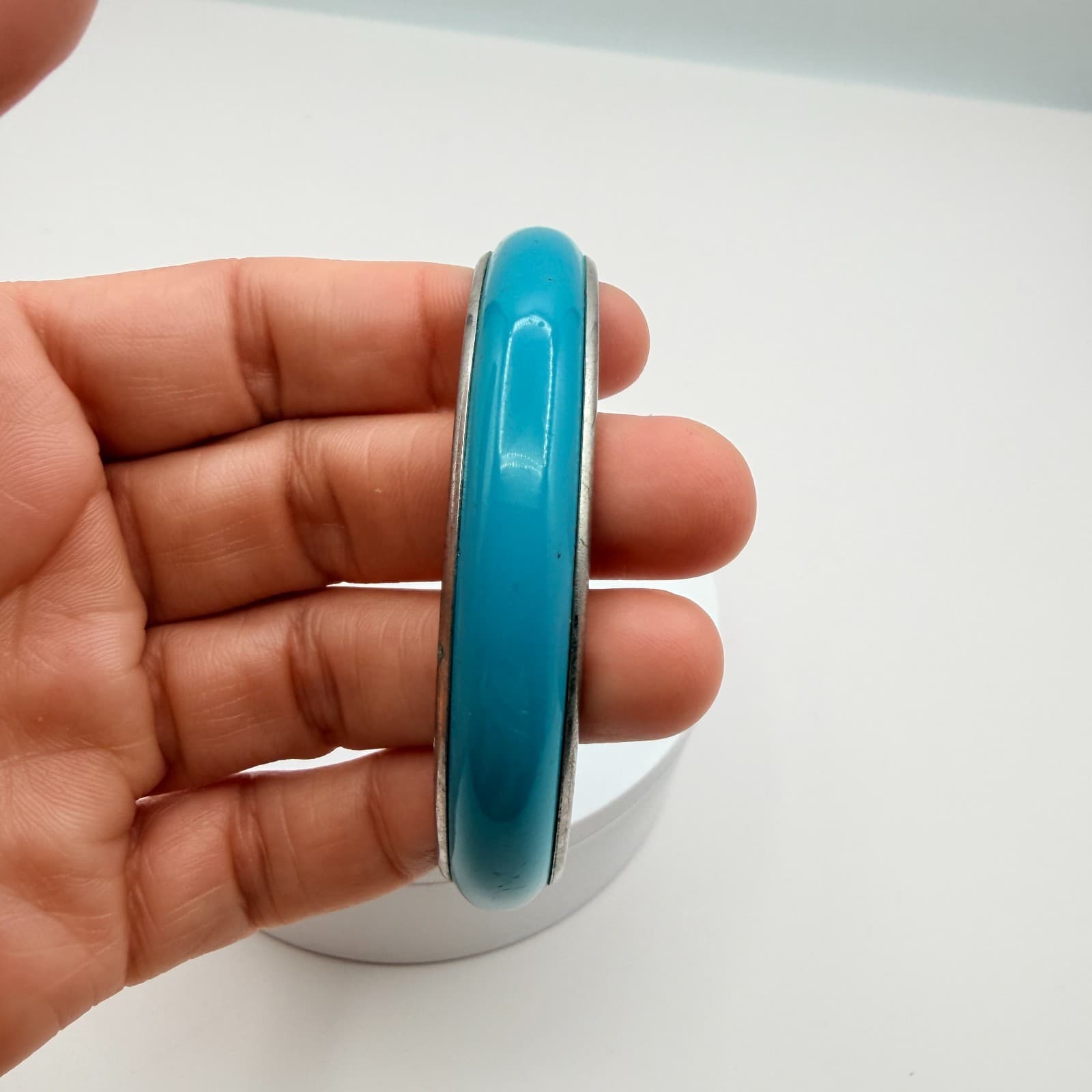 Vintage 90s Silver Tone Blue Enamel Bangle Bracelet Women's Classic Jewelry - Thumbnail 6