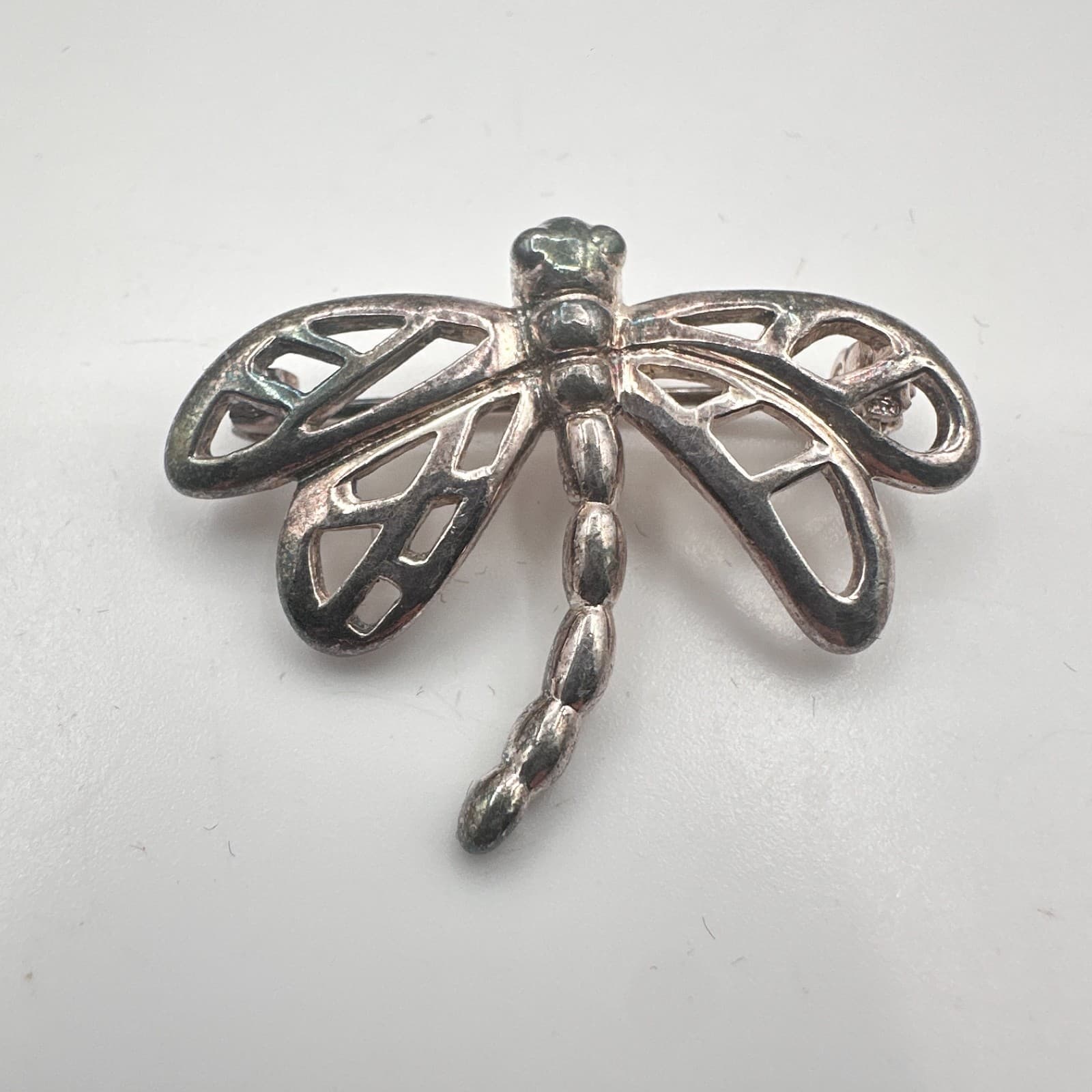 Vintage 90s Silver Tone Dragonfly Brooch Openwork Insect Pin Nature Jewelry - Image 1